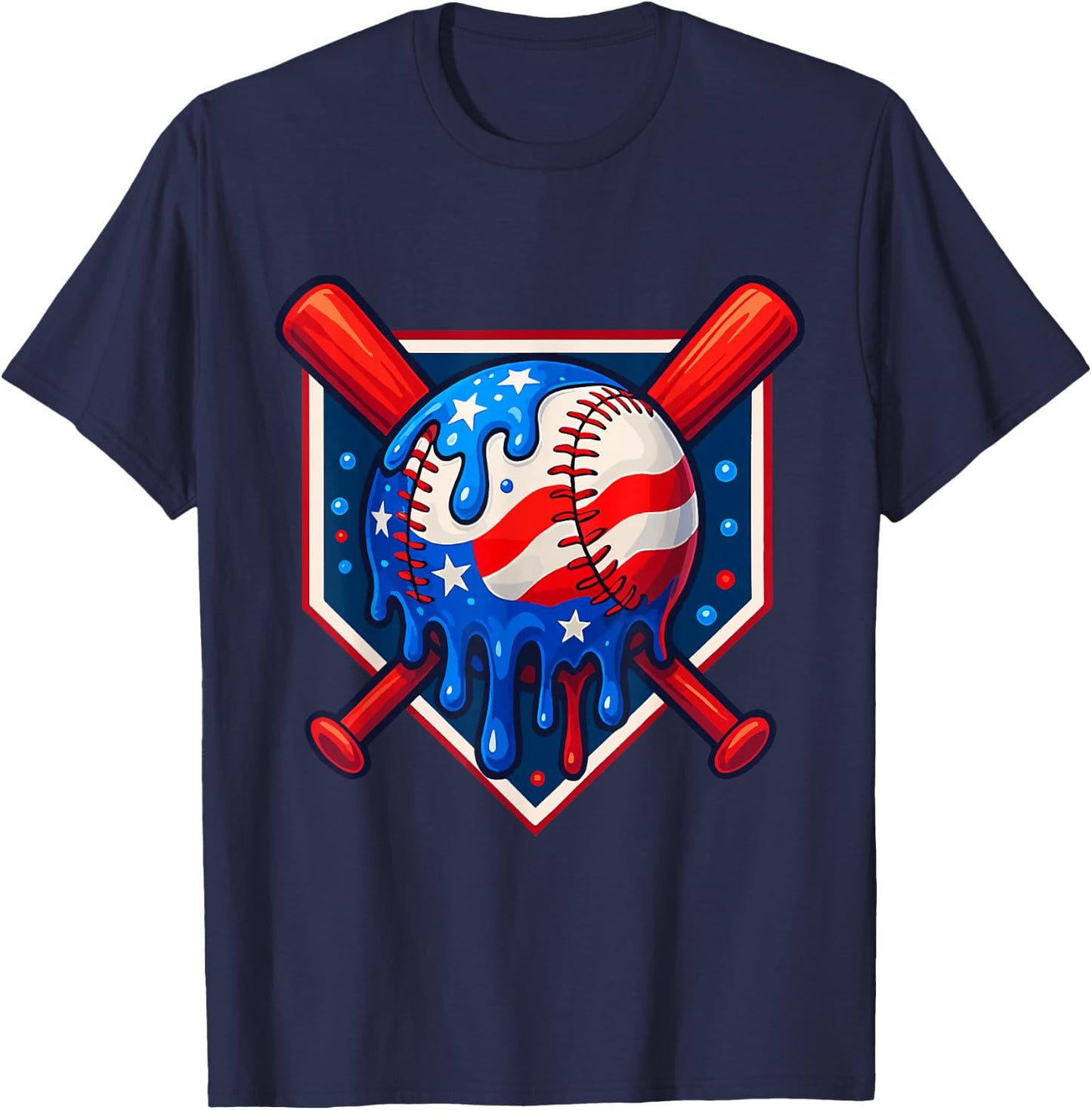 Funny America Baseball Drip Ice Cream 4th Of July US Flag T-Shirt - T-Shirt | Navy