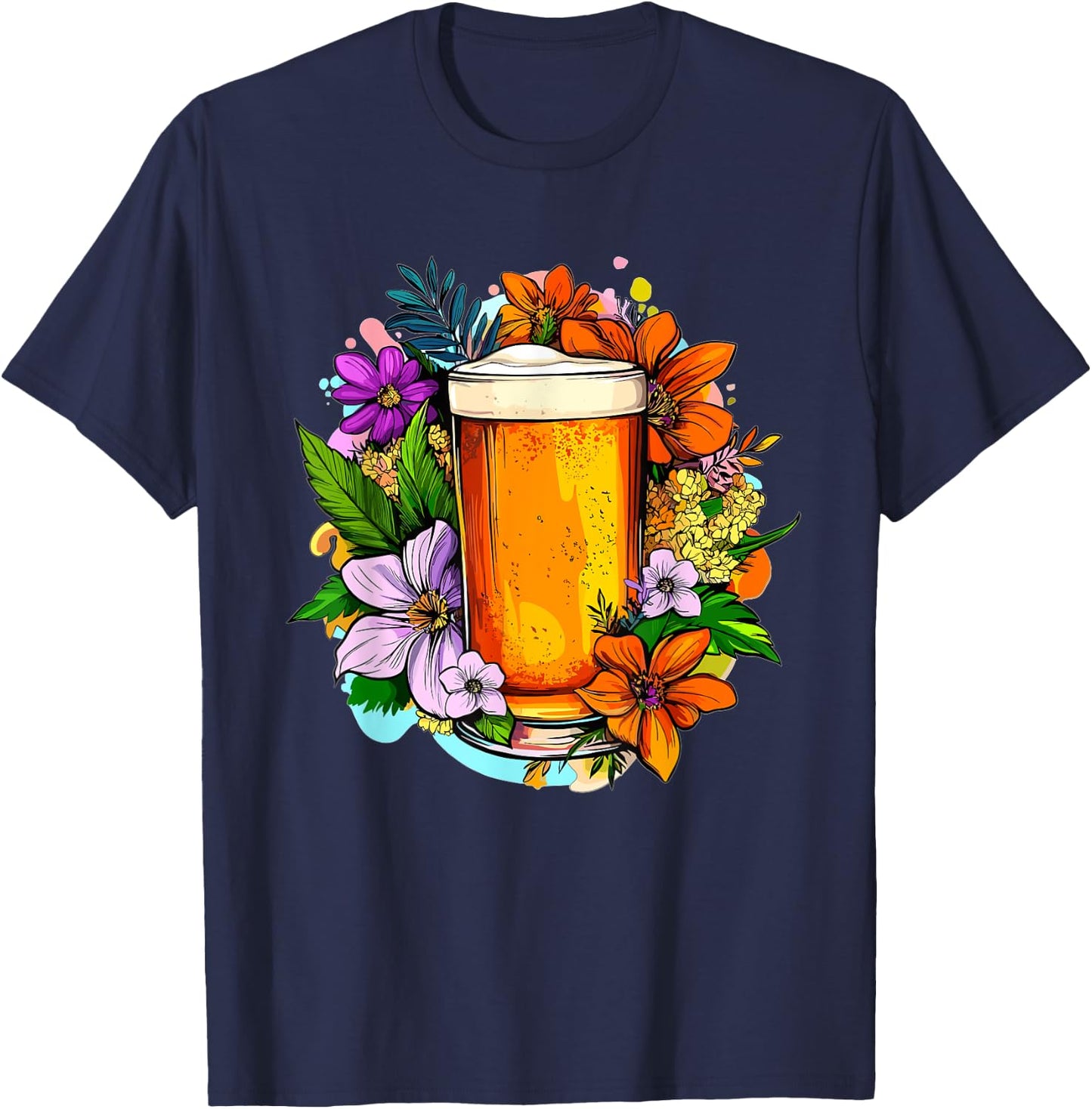 Craft Beer With Colorful Flowers Around T-Shirt - T-Shirt | Navy