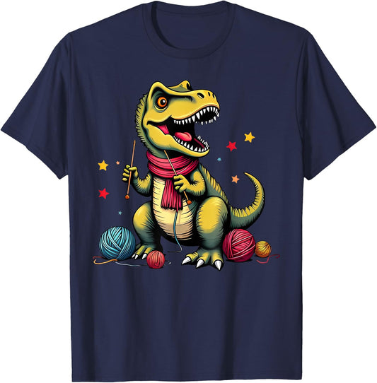 Cute Crochet Yarn Dinosaur T Rex Knitting Crochet T-Shirt - T-Shirt | Navy