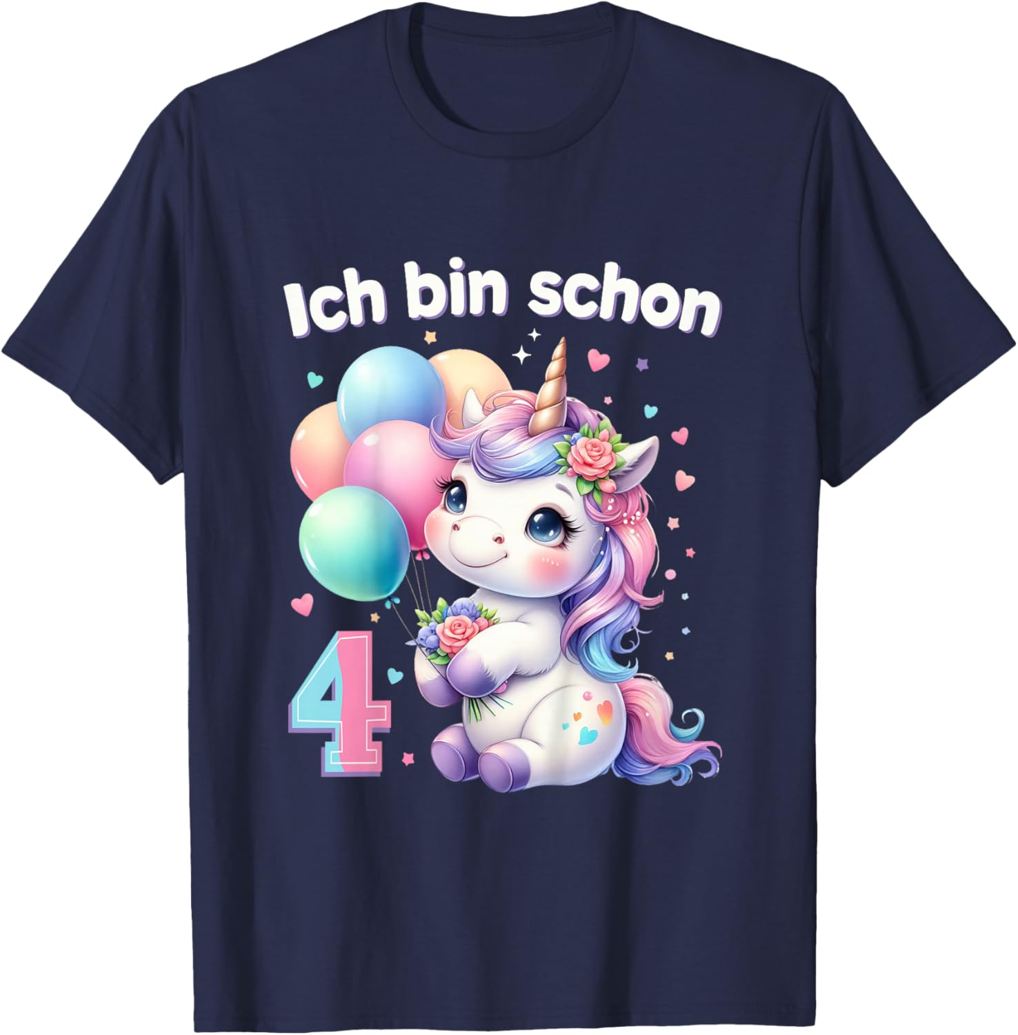 Children's 4th Birthday Girl 4 Years Unicorn Party Outfit Unicorn , black T-Shirt - T-Shirt | Navy