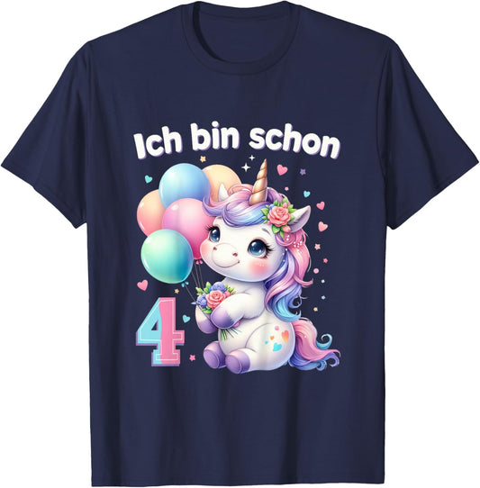 Children's 4th Birthday Girl 4 Years Unicorn Party Outfit Unicorn , black T-Shirt - T-Shirt | Navy