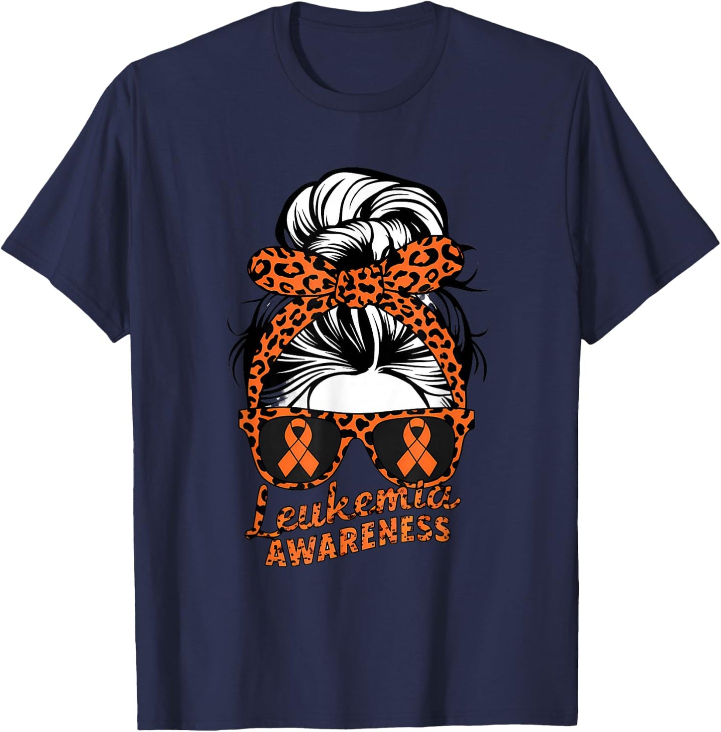 Leukemia Cancer Awareness Leopard Scarf Girl Orange Ribbon T-Shirt - T-Shirt | Navy