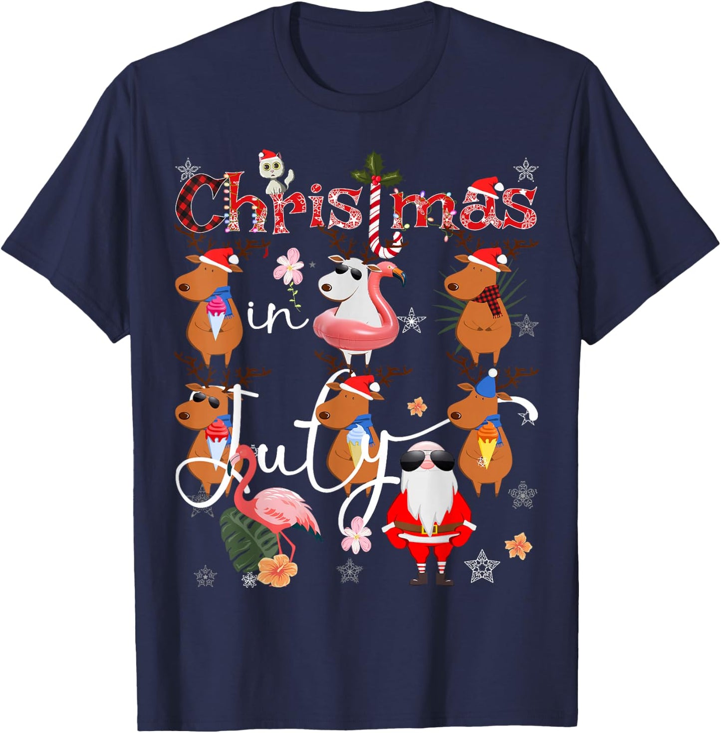 Christmas in July Funny Santa Reindeer Flamingos Summer T-Shirt - T-Shirt | Navy
