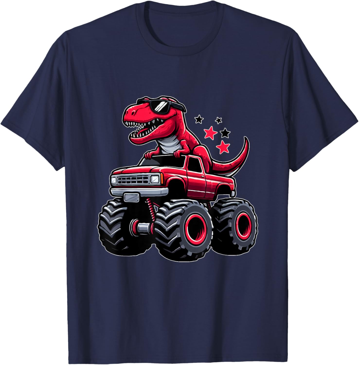 Red Dino Sunglasses T-Rex Riding Monster Truck Kids Boys T-Shirt - T-Shirt | Navy