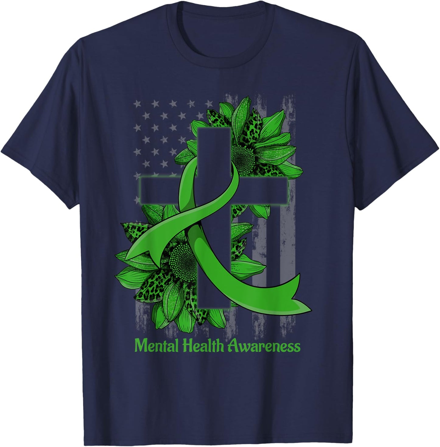 Green Sunflower Christian Cross Mental Health Awareness T-Shirt - T-Shirt | Navy