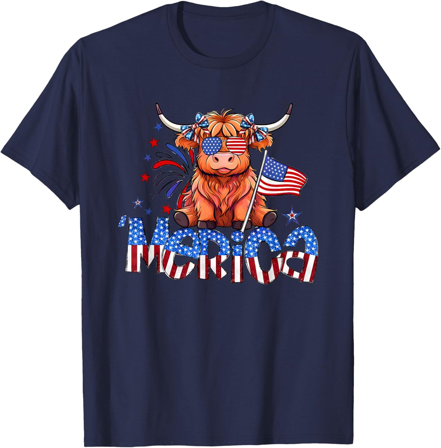 Retro Merica 4th Of July Highland Cow Women Men T-Shirt - T-Shirt | Navy