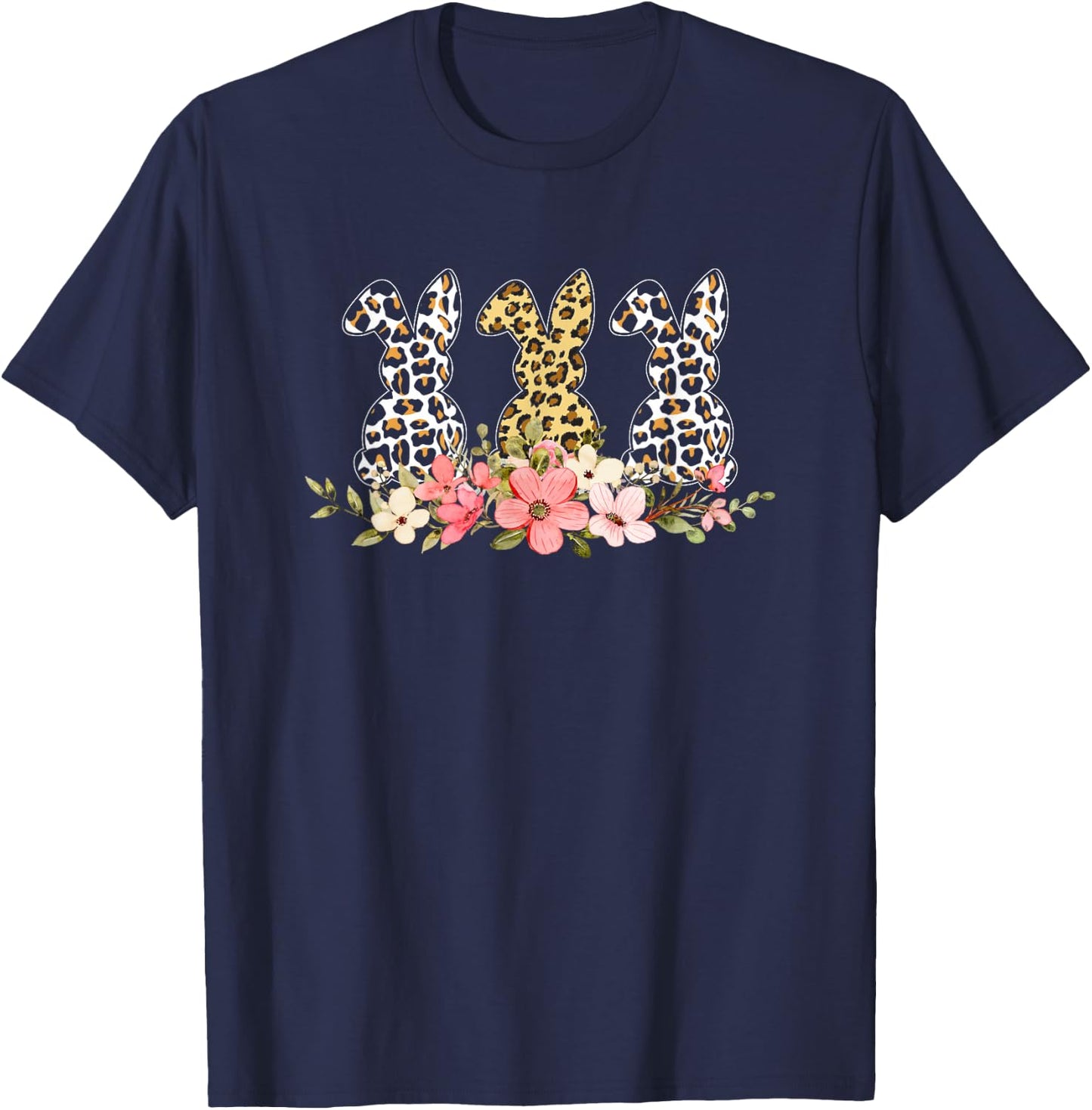 Cute Floral Easter Bunny Leopard Print for Rabbit Lovers T-Shirt - T-Shirt | Navy