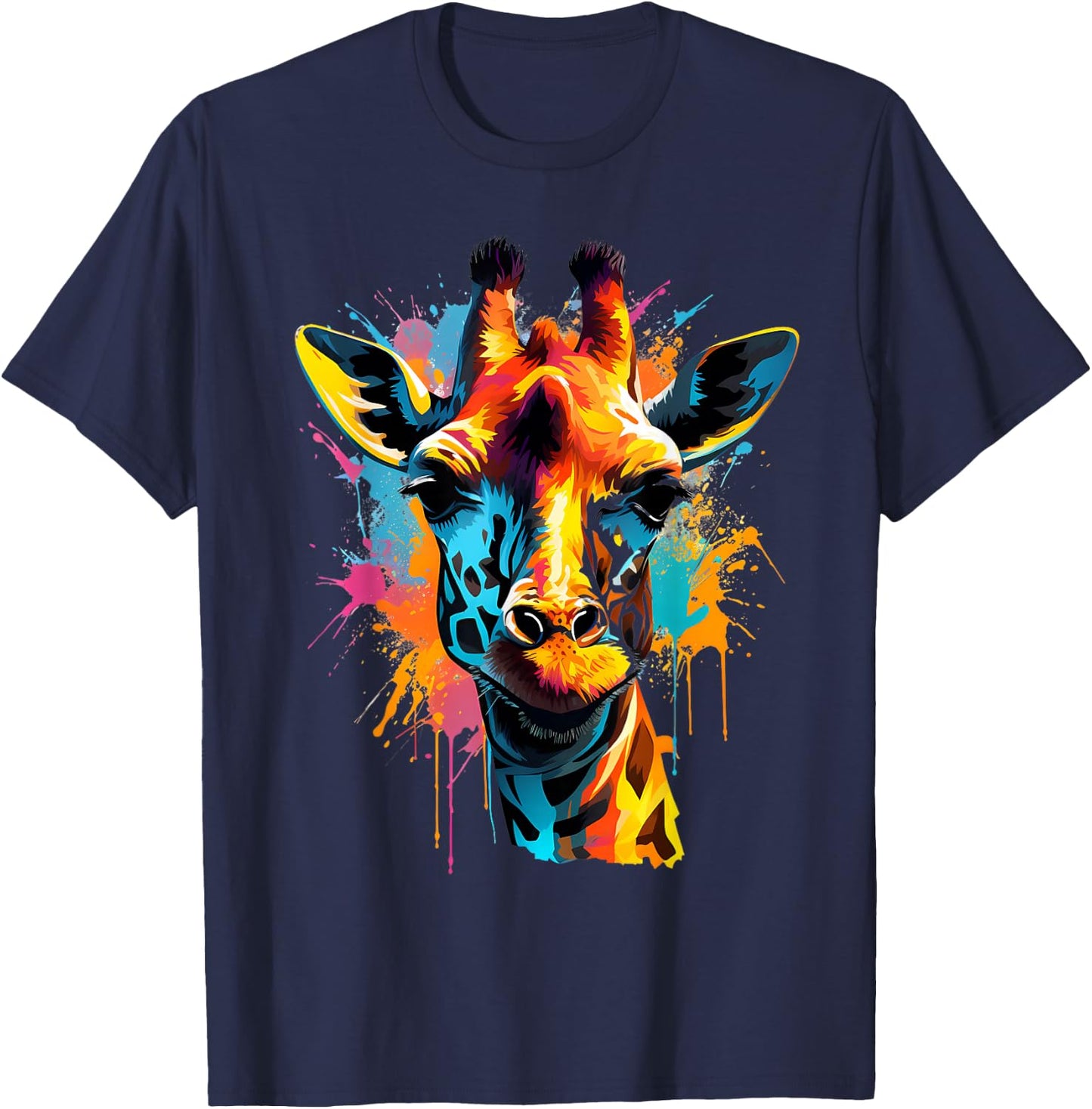 Giraffe Artwork Wildlife Savanna Portrait Colorful Splash T-Shirt - T-Shirt | Navy