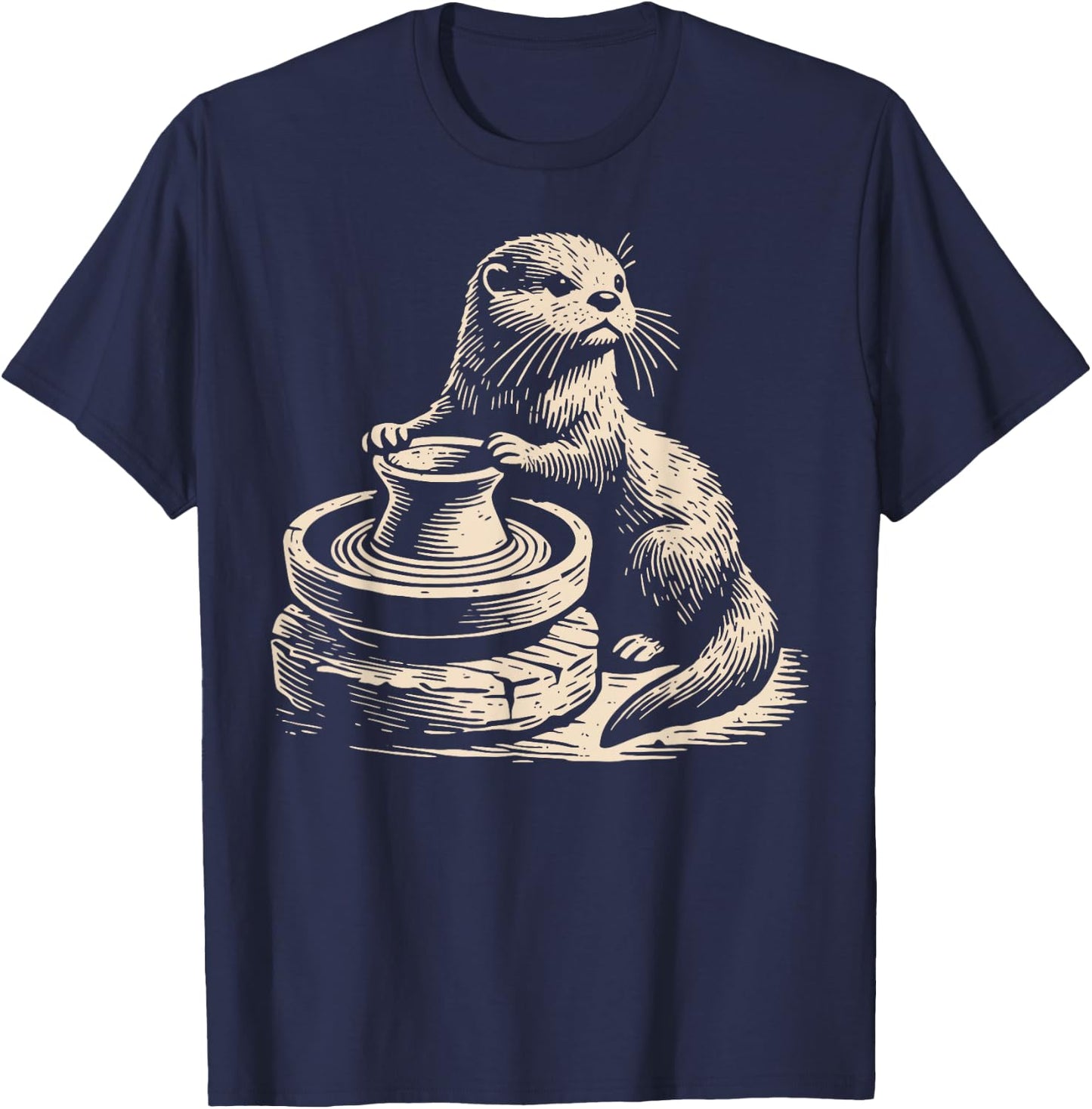 Retro Cute Otter At Pottery Wheel Throwing Ceramic Artist T-Shirt - T-Shirt | Navy