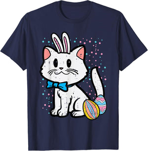Easter White Cat Bunny Cute Kitten Toddler Girls Kids Women T-Shirt - T-Shirt | Navy