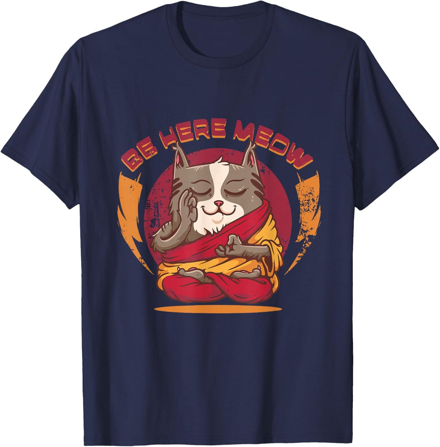 Be Here Meow Cat Doing Yoga Cat Lover Meditation Cat Owner T-Shirt - T-Shirt | Navy