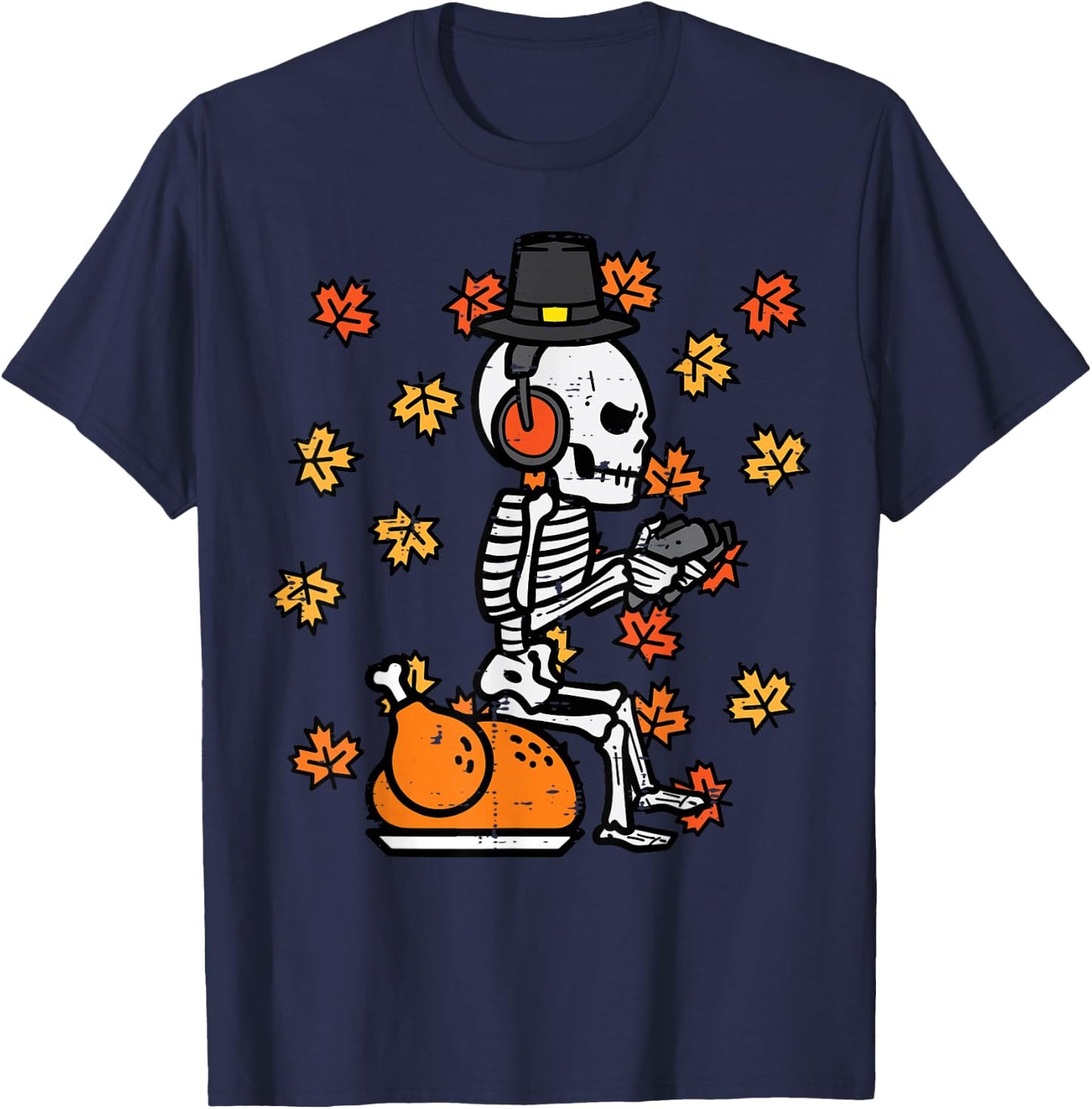 Thanksgiving Skeleton Gamer Turkey Day Fall Men Boys Kids T-Shirt - T-Shirt | Navy
