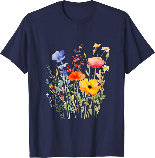 Summer Wildflower Bouquet , Black, S T-Shirt - T-Shirt | Navy
