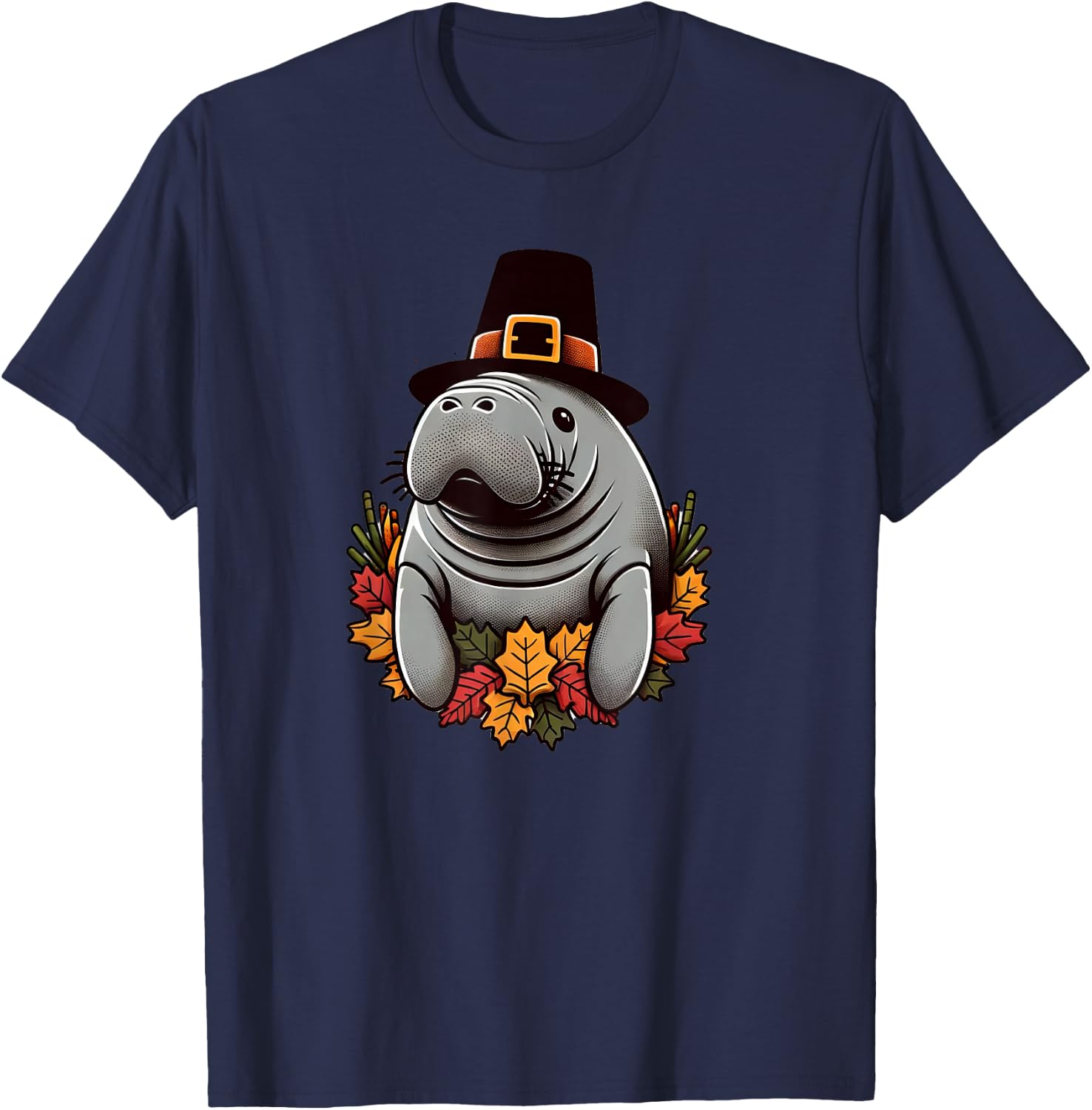 Thanksgiving Manatee Pilgrim Hat Sea Cow Autumn Fall T-Shirt - T-Shirt | Navy