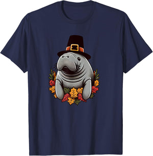 Thanksgiving Manatee Pilgrim Hat Sea Cow Autumn Fall T-Shirt - T-Shirt | Navy