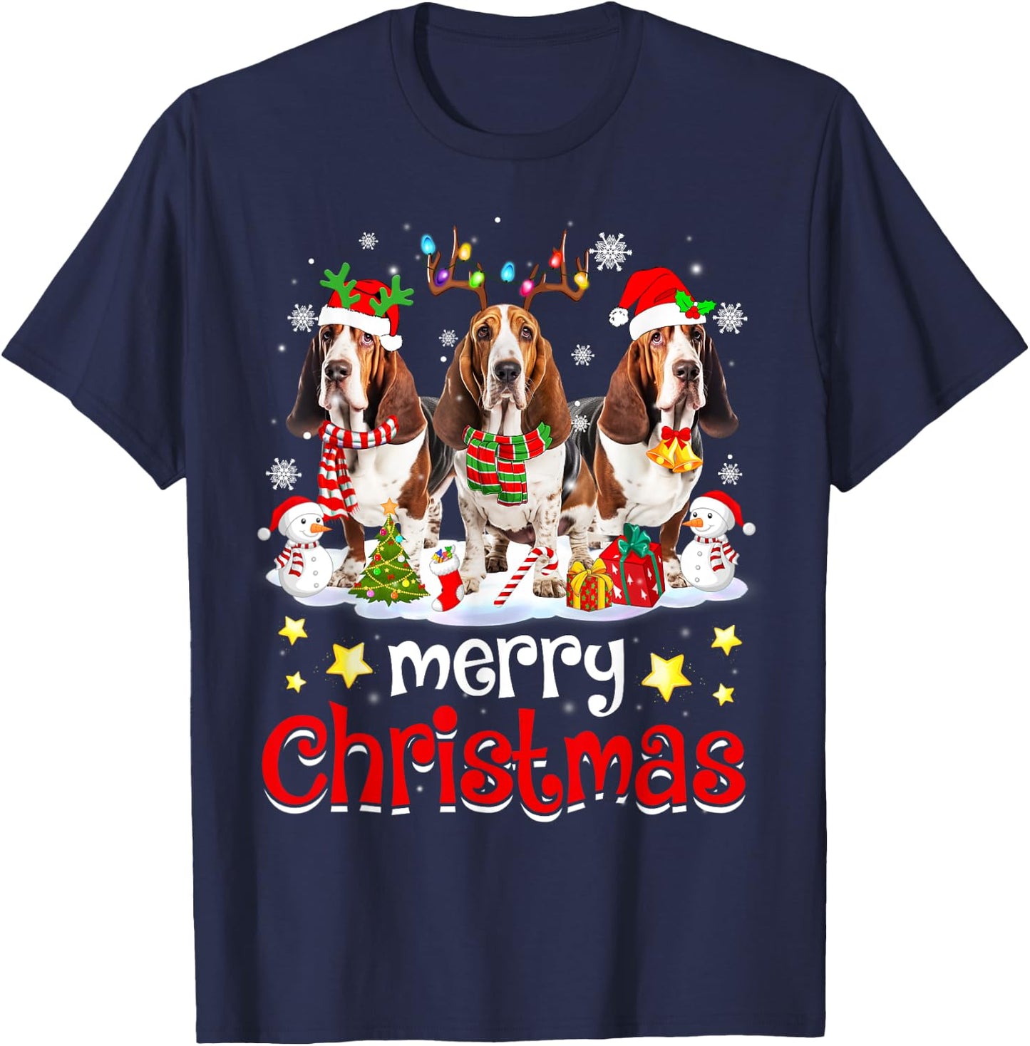 Basset Hound Christmas with Decorations Xmas T-Shirt - T-Shirt | Navy