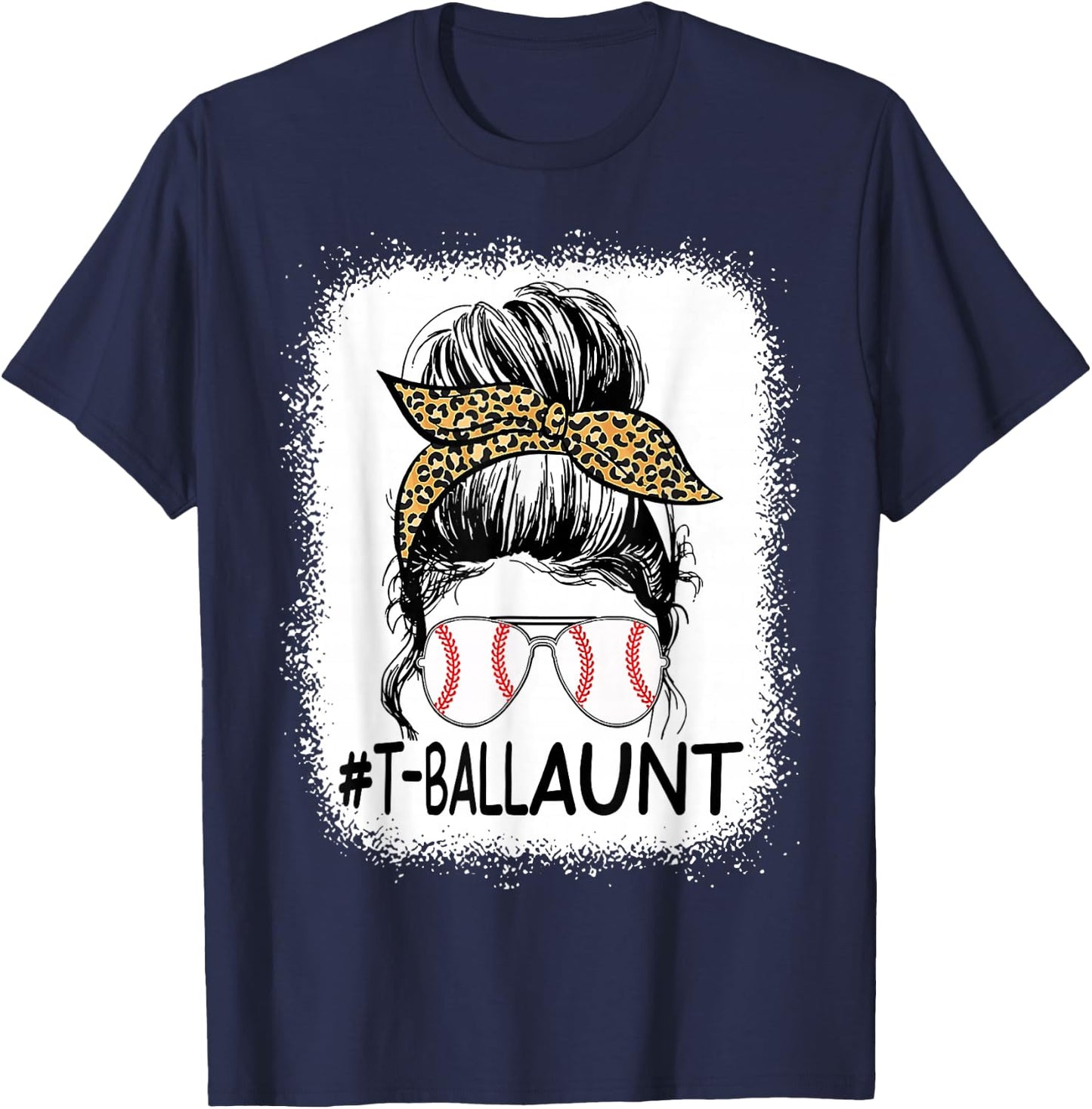 Bleached T-ball Aunt Life Messy Bun Leopard Baseball T-Shirt - T-Shirt | Navy