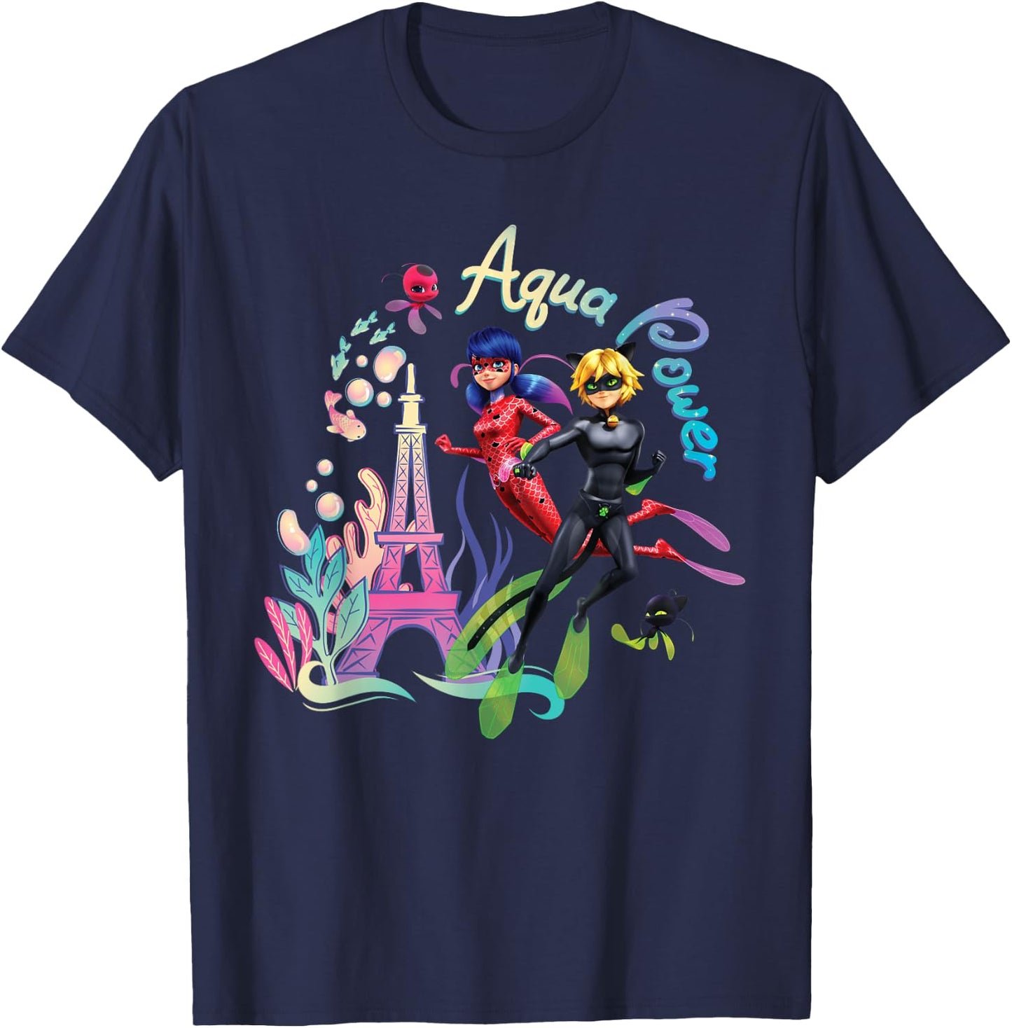 Miraculous Ladybug and Cat Noir Summer Aqua Power Underwater T-Shirt - T-Shirt | Navy
