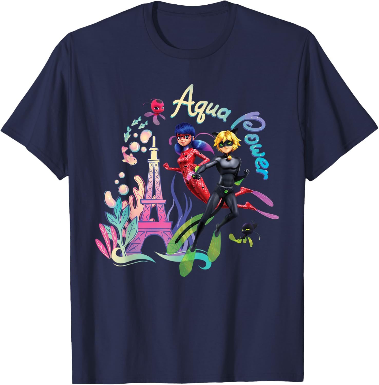 Miraculous Ladybug and Cat Noir Summer Aqua Power Underwater T-Shirt - T-Shirt | Navy