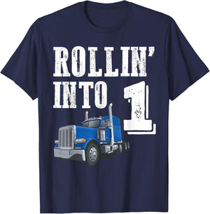 Rollin Into 1 Big Rig Semi Trailer Truck 1st Birthday T-Shirt - T-Shirt | Navy