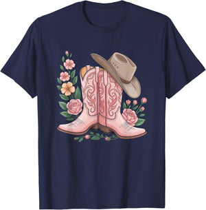 Cowboy Boot Western Country Cowgirl Flowers Girl Pink Woman T-Shirt - T-Shirt | Navy