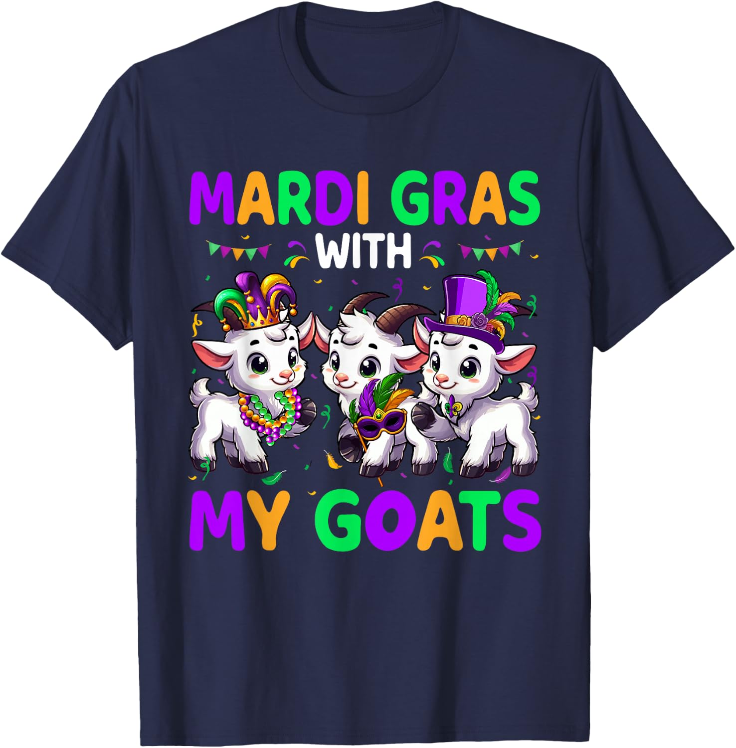 Mardi Gras With My Goats Three Cute Goats Masked Beads T-Shirt - T-Shirt | Navy