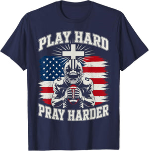 Youth Christian Football Play Hard Pray Harder American Flag T-Shirt - T-Shirt | Navy