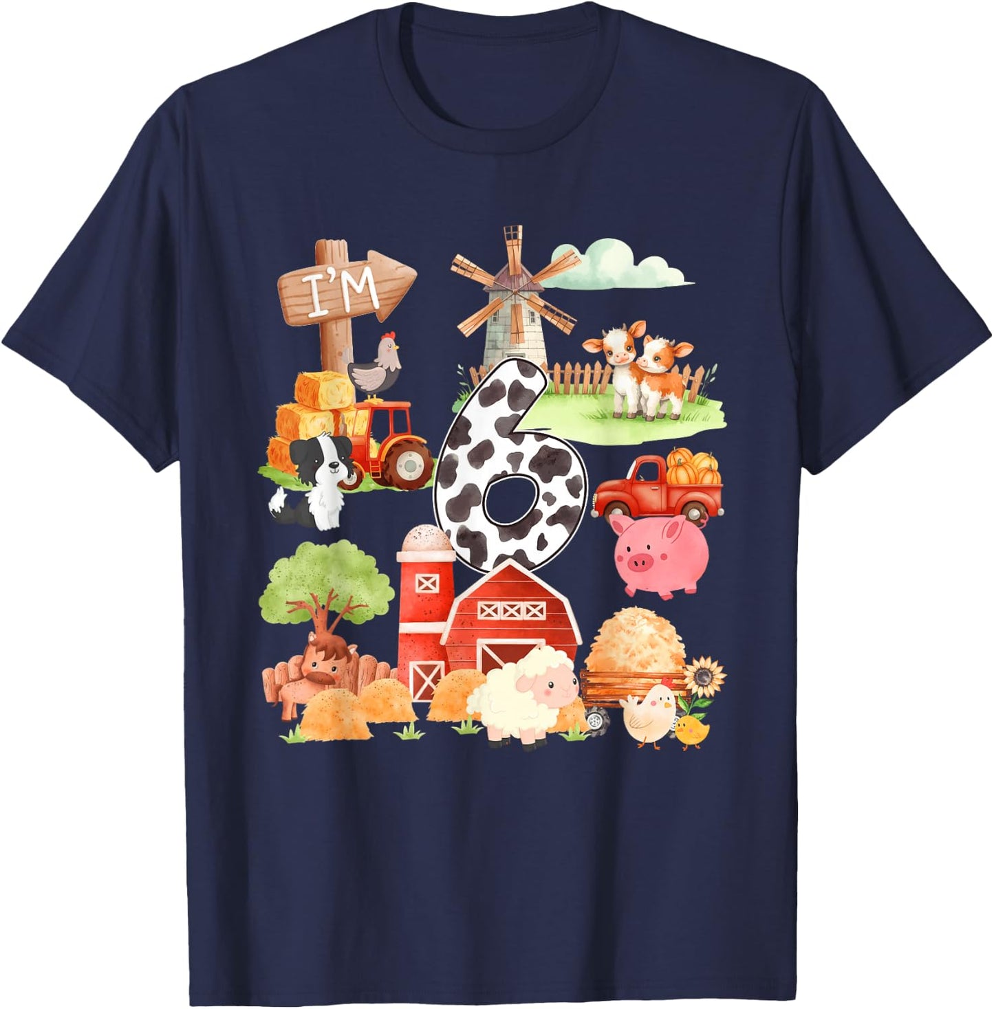6 Year Old Farmer Lover 6th Birthday Farm Animals Theme T-Shirt - T-Shirt | Navy