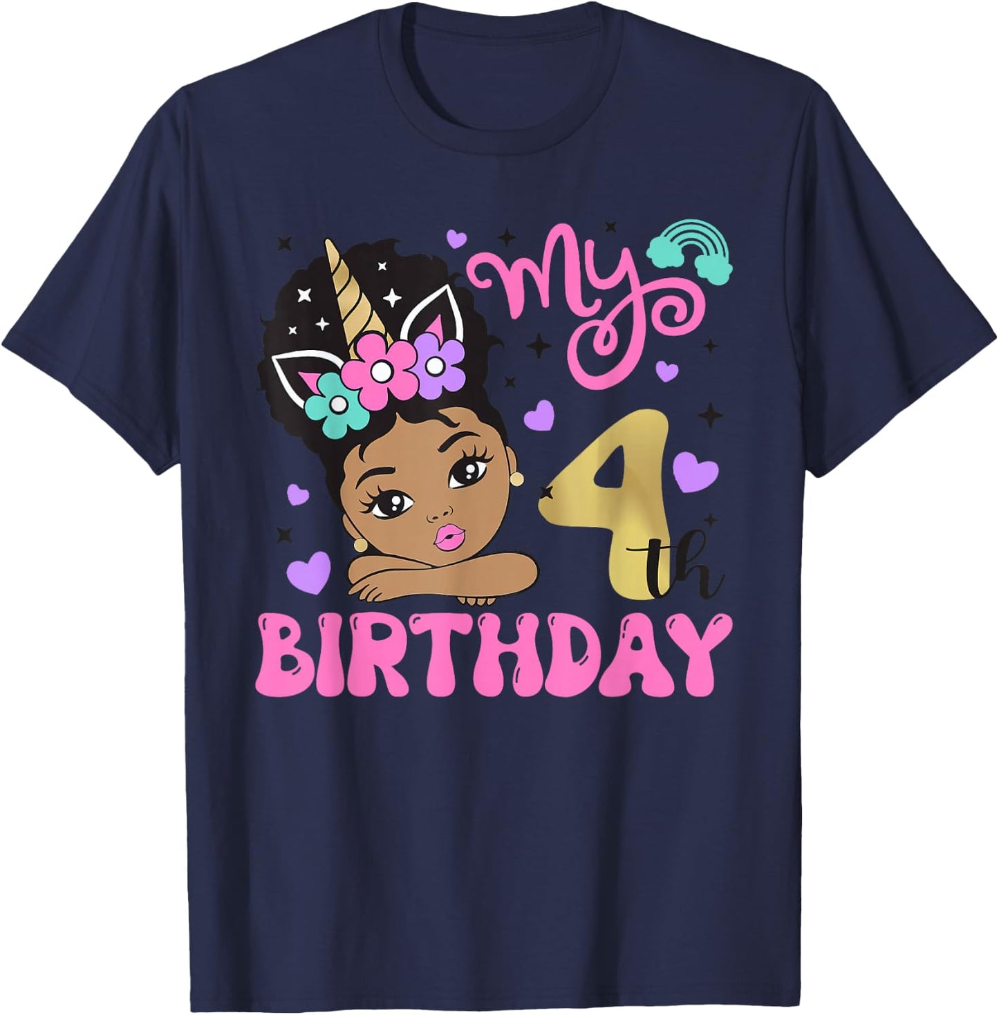 It's My 4th Birthday Black Girl 4 Years Old Melanin Kids T-Shirt - T-Shirt | Navy