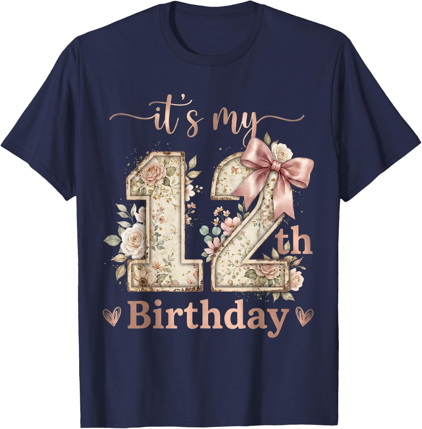 It's My 12th Birthday Girl Coquette Bow Pink 12 Year Old T-Shirt - T-Shirt | Navy