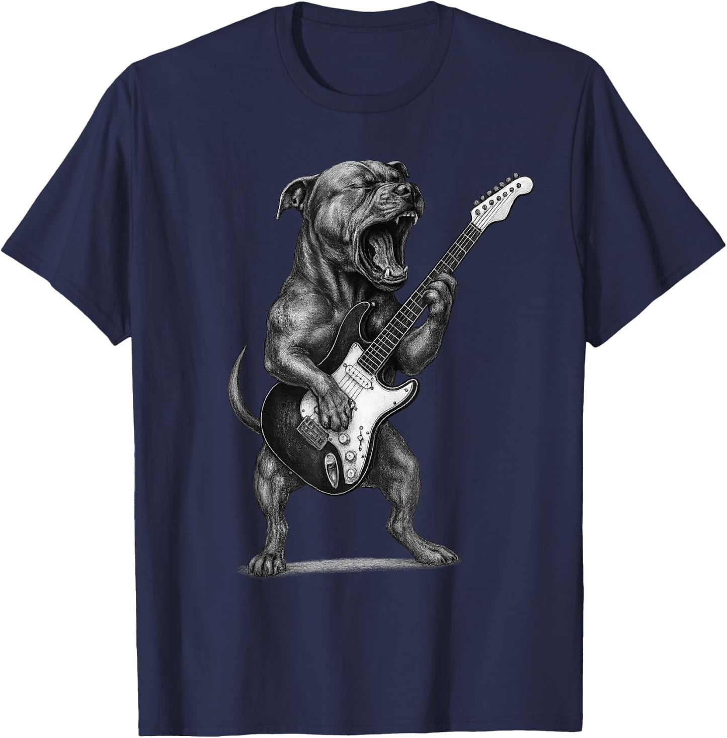 Pit Bull Playing Guitar Rock Music Dog Lover T-Shirt - T-Shirt | Navy
