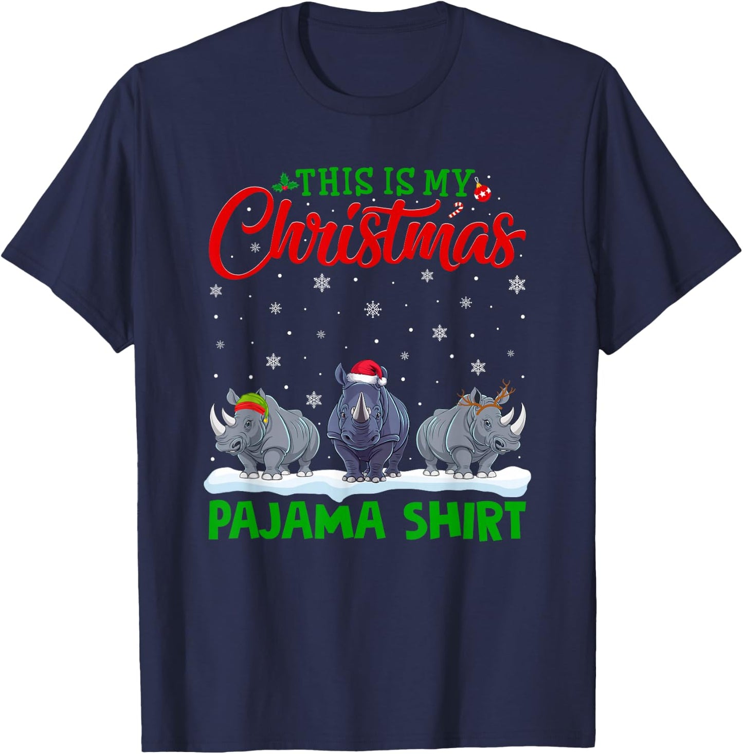 Xmas Santa Hat Reindeer Rhino Christmas Pajama T-Shirt - T-Shirt | Navy