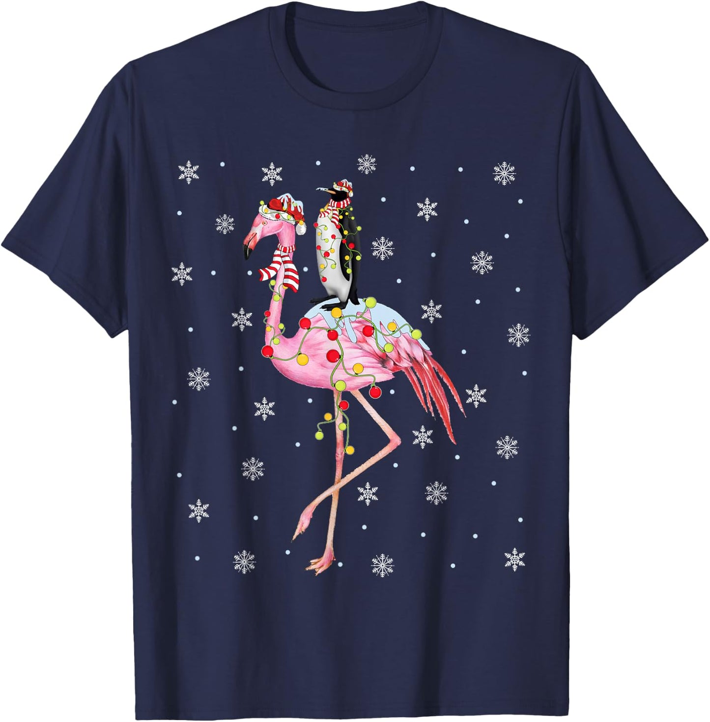 Xmas Lighting Santa Hat Flamingo Riding Penguin Christmas T-Shirt - T-Shirt | Navy