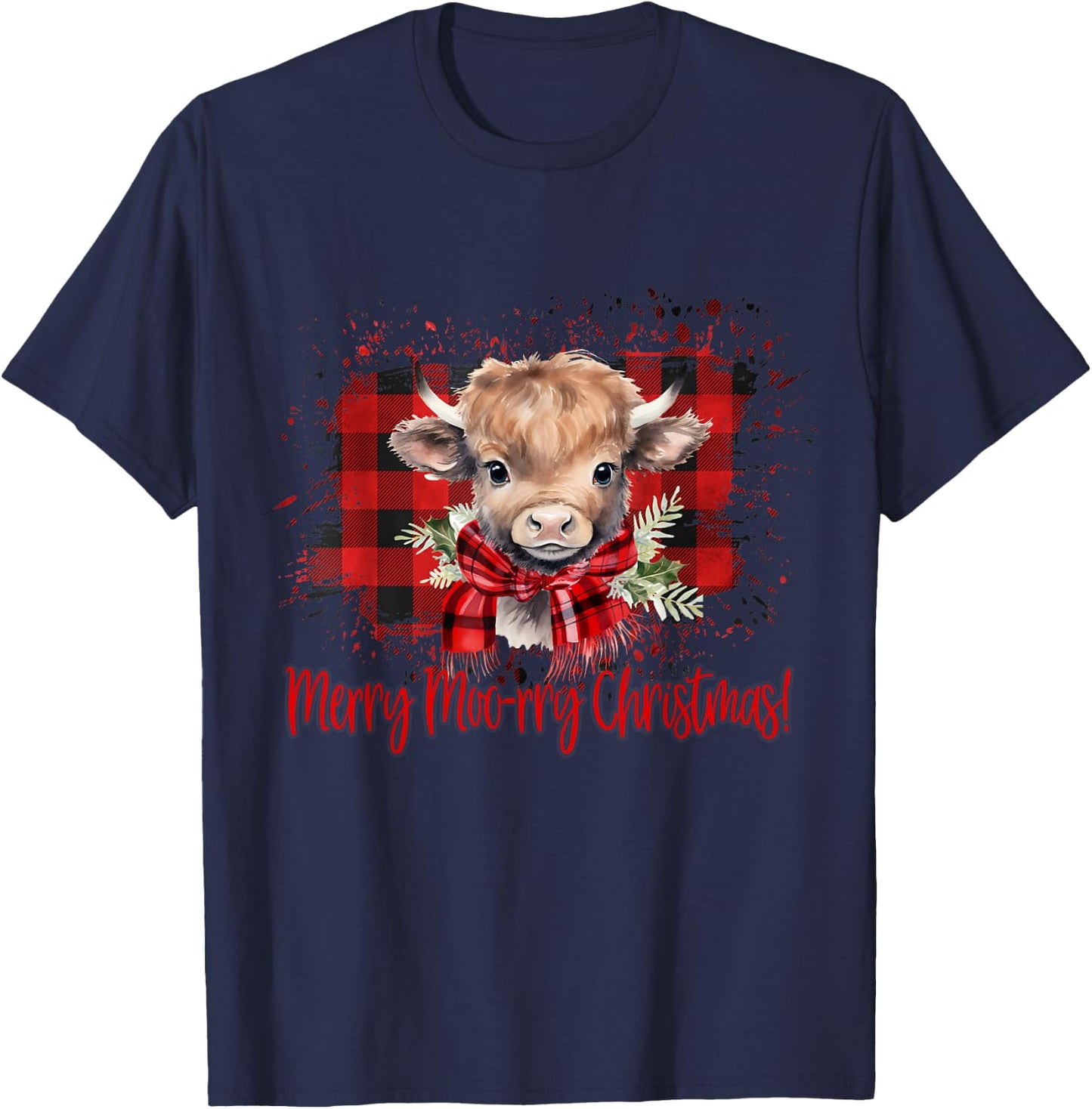 Merry Moo-rry Christmas Buffalo Plaid Highland Cow T-Shirt - T-Shirt | Navy