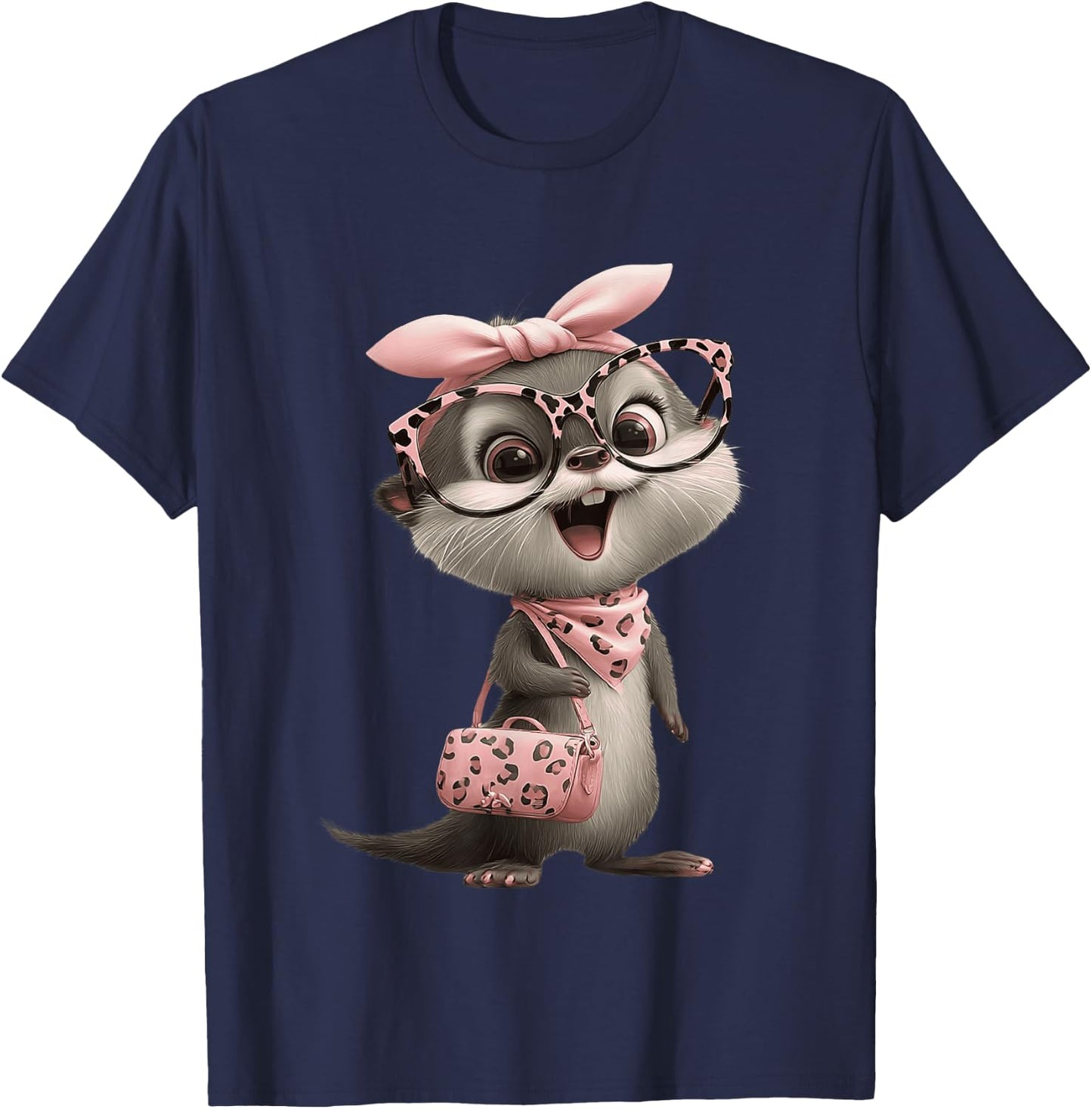 Baby Otter Kawaii Character Pink Leopard Glasses Portrait T-Shirt - T-Shirt | Navy