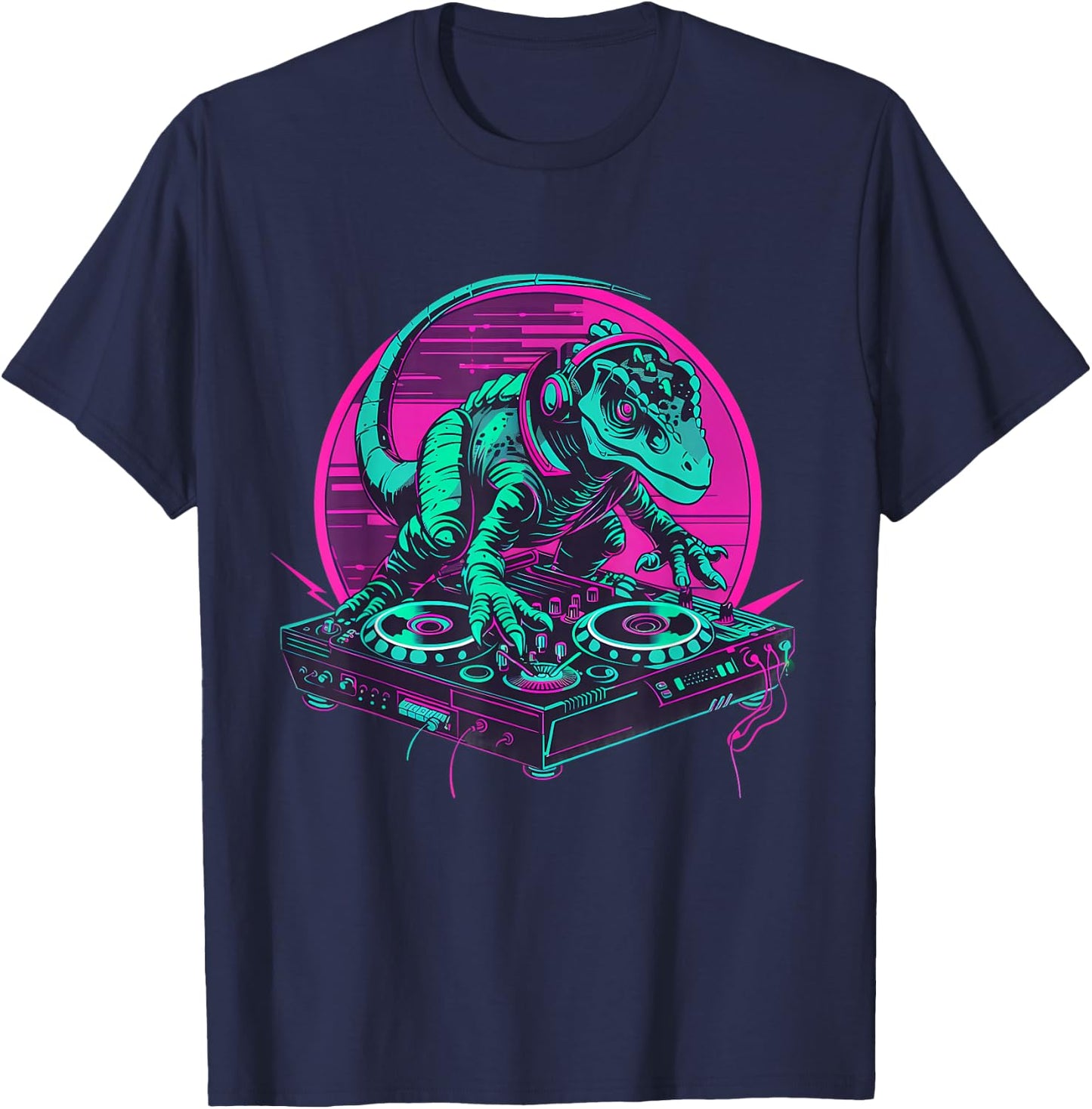 DJ Dinosaur Techno Turntable DJ Dinosaur Beatmaker Artwork T-Shirt - T-Shirt | Navy