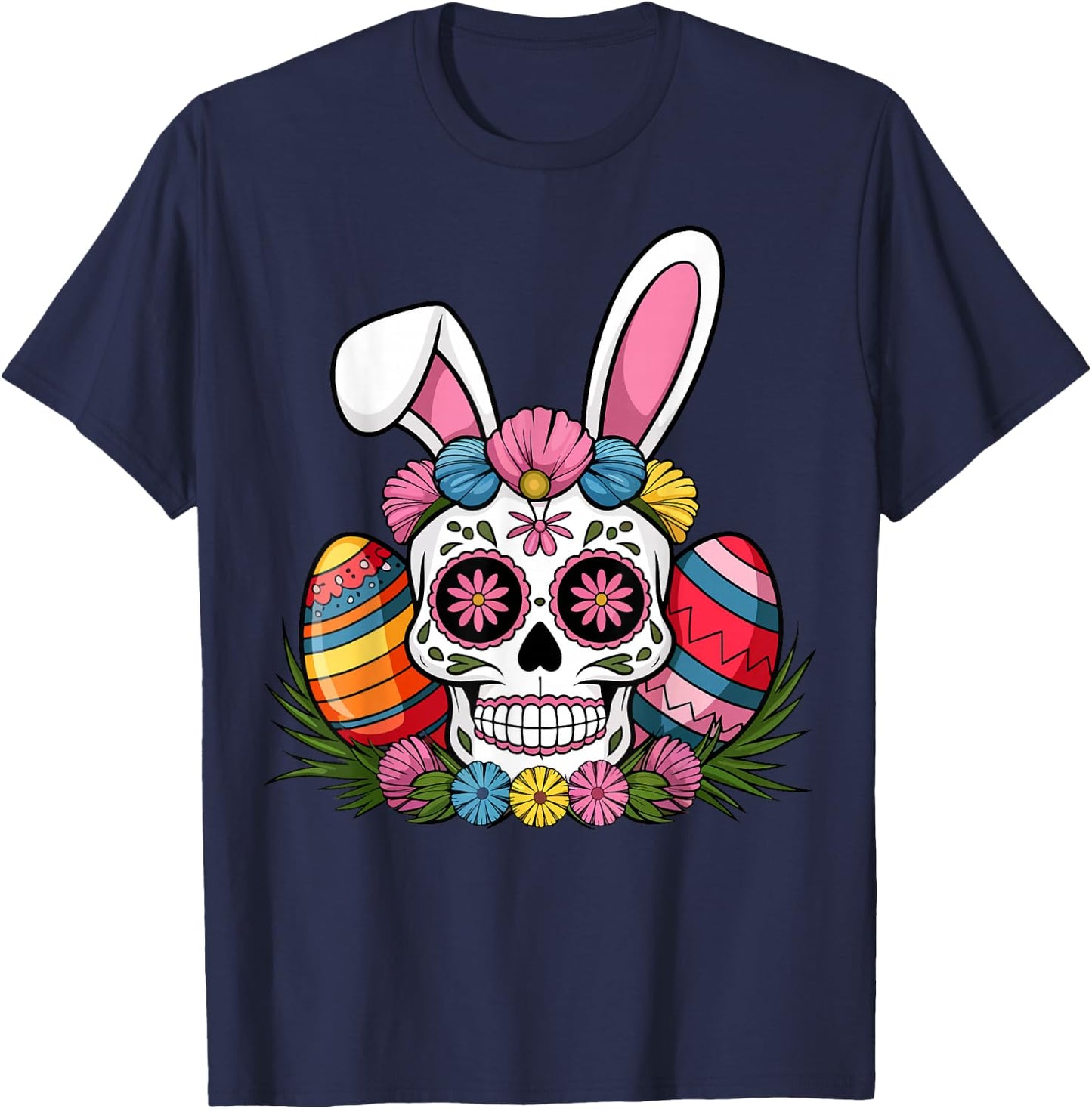 Sugar Skull Bunny Rabbit Ears Mexican Easter Day T-Shirt - T-Shirt | Navy