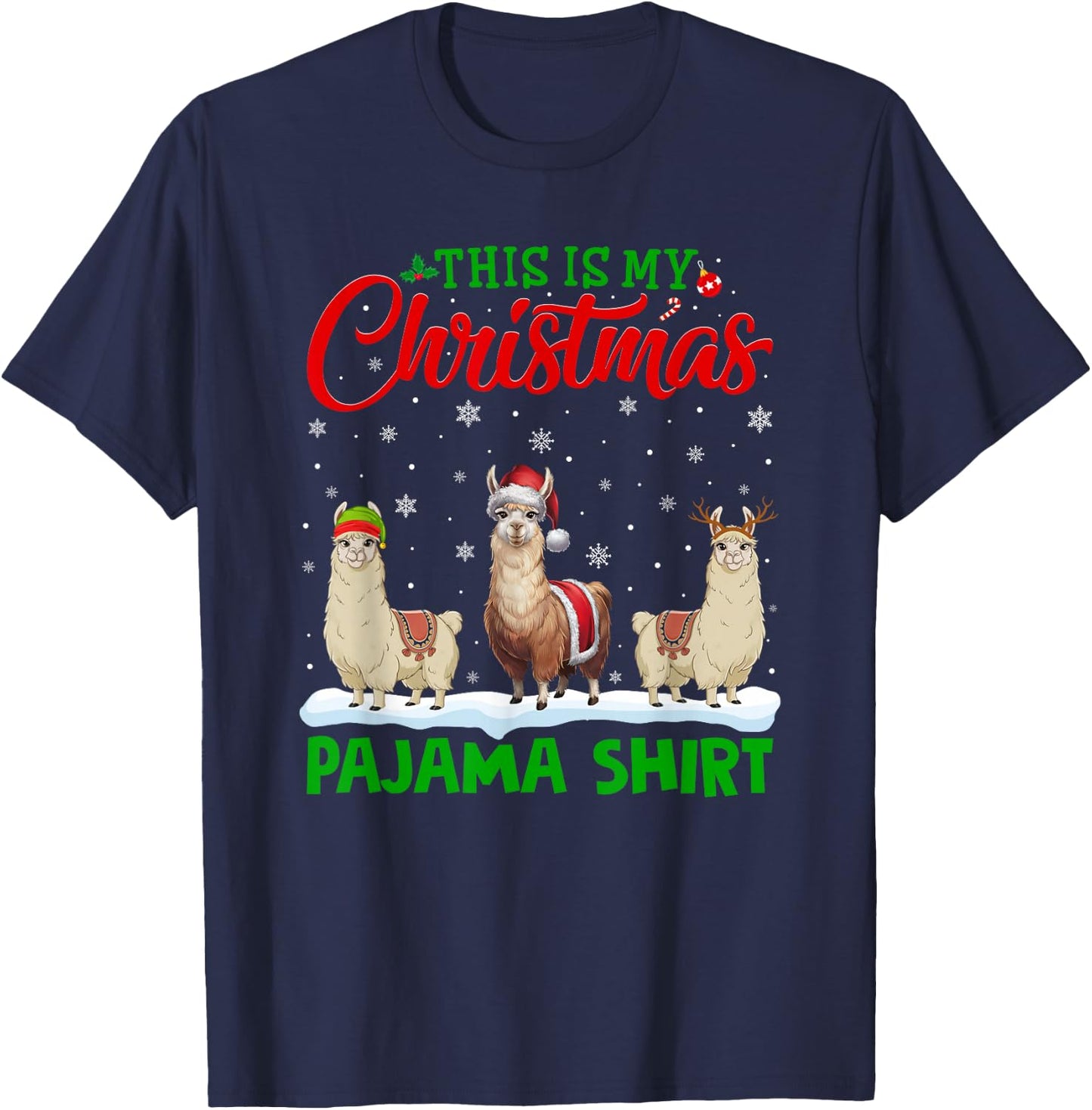 Xmas Santa Hat Reindeer Llama Christmas Pajama T-Shirt - T-Shirt | Navy