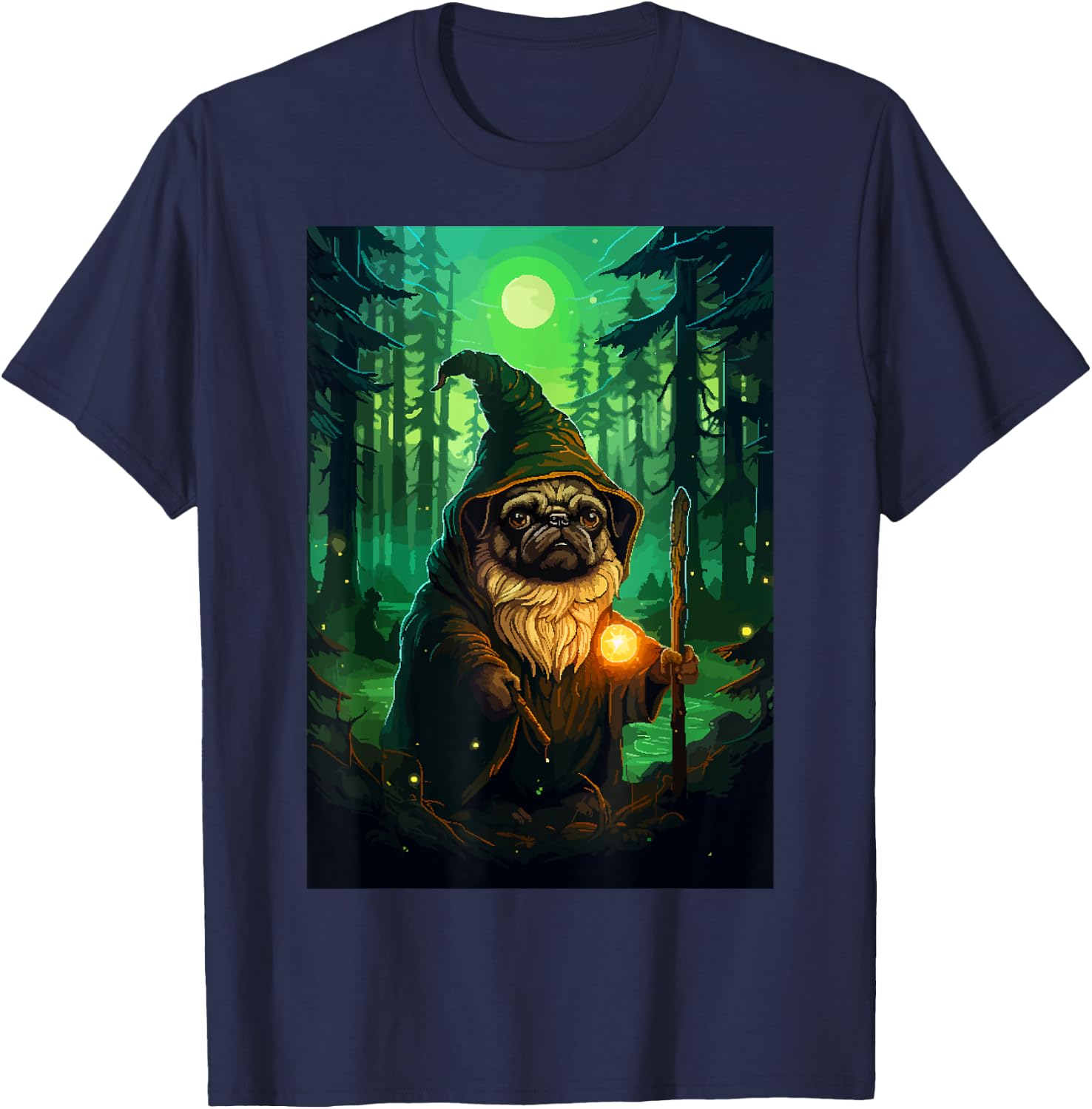 Funny Pug Wizard Cute Dog Pixel Art T-Shirt - T-Shirt | Navy