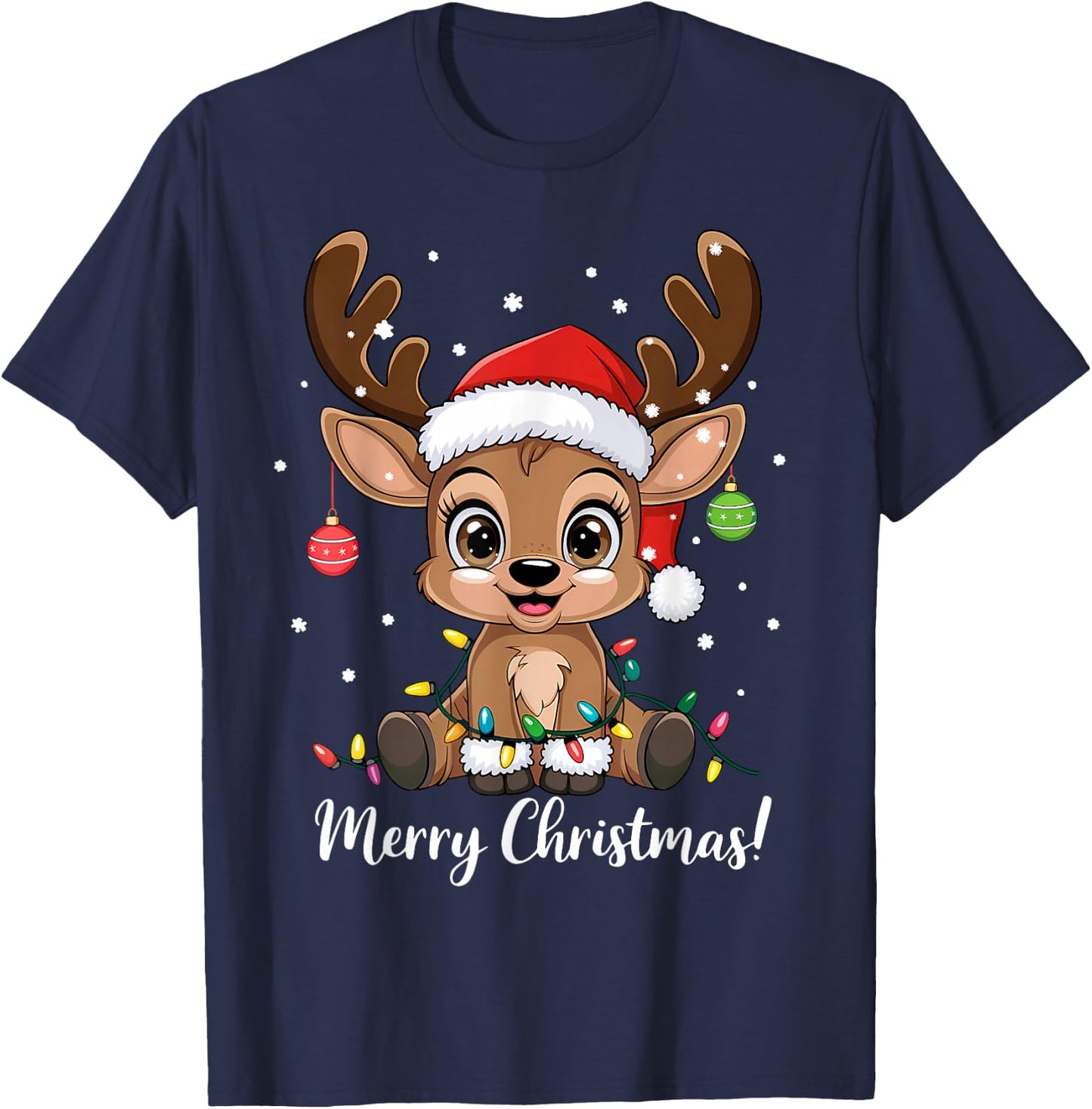 Reindeer Christmas Sweater, Cute Christmas Hat Merry Christmas , Black, S T-Shirt - T-Shirt | Navy
