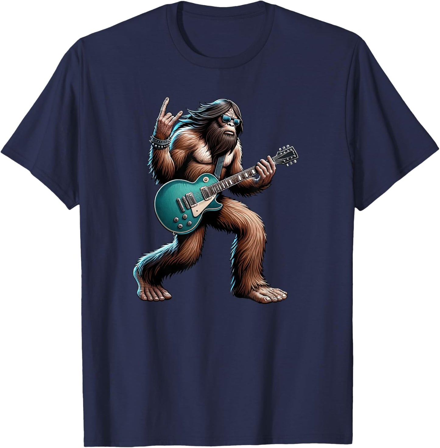 Rock On Bigfoot Playing Electric Guitar Sasquatch Music Band T-Shirt - T-Shirt | Navy