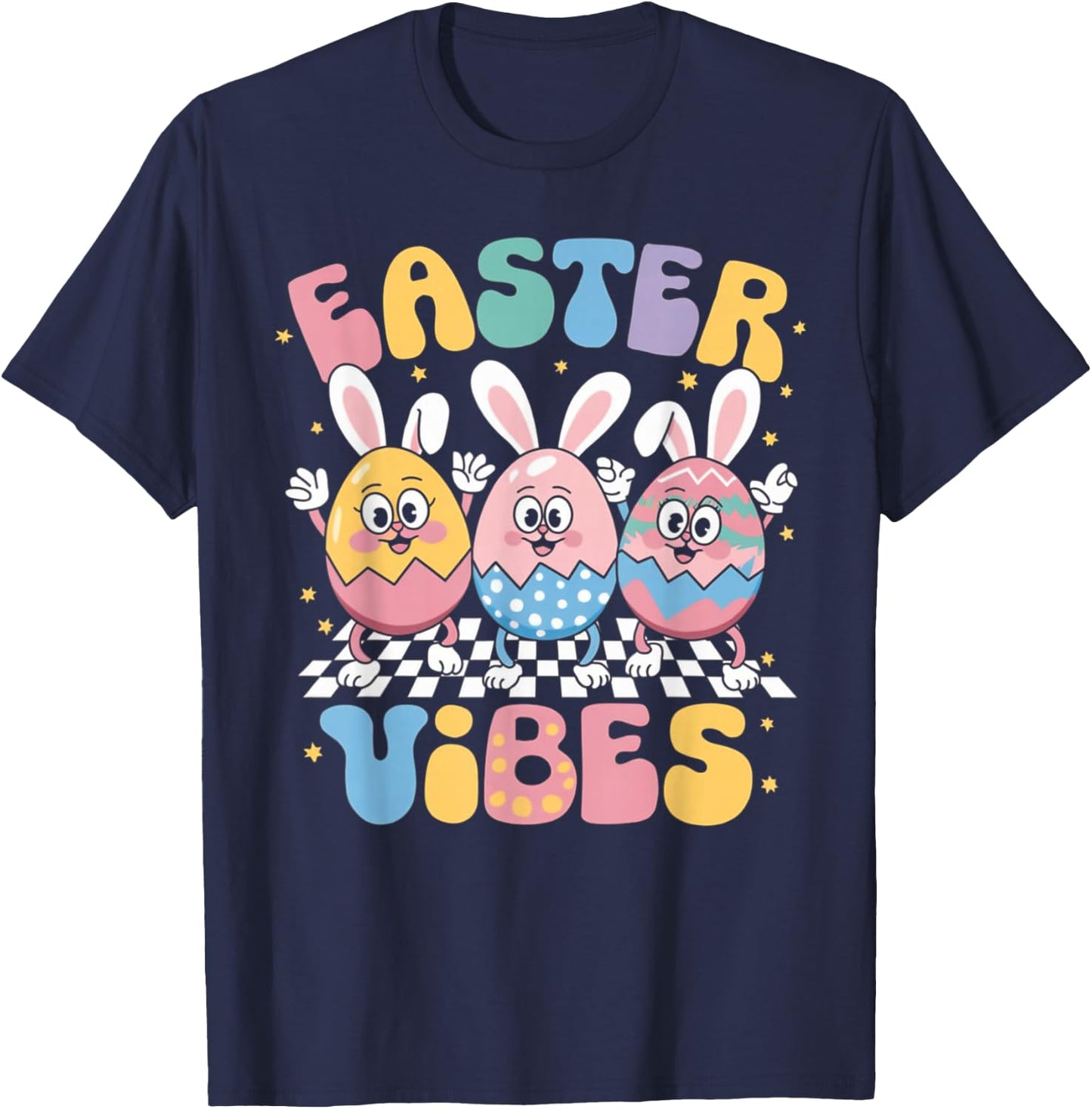 Groovy Cute Bunny Egg Easter Vibes Day Girls Kids Gifts T-Shirt - T-Shirt | Navy