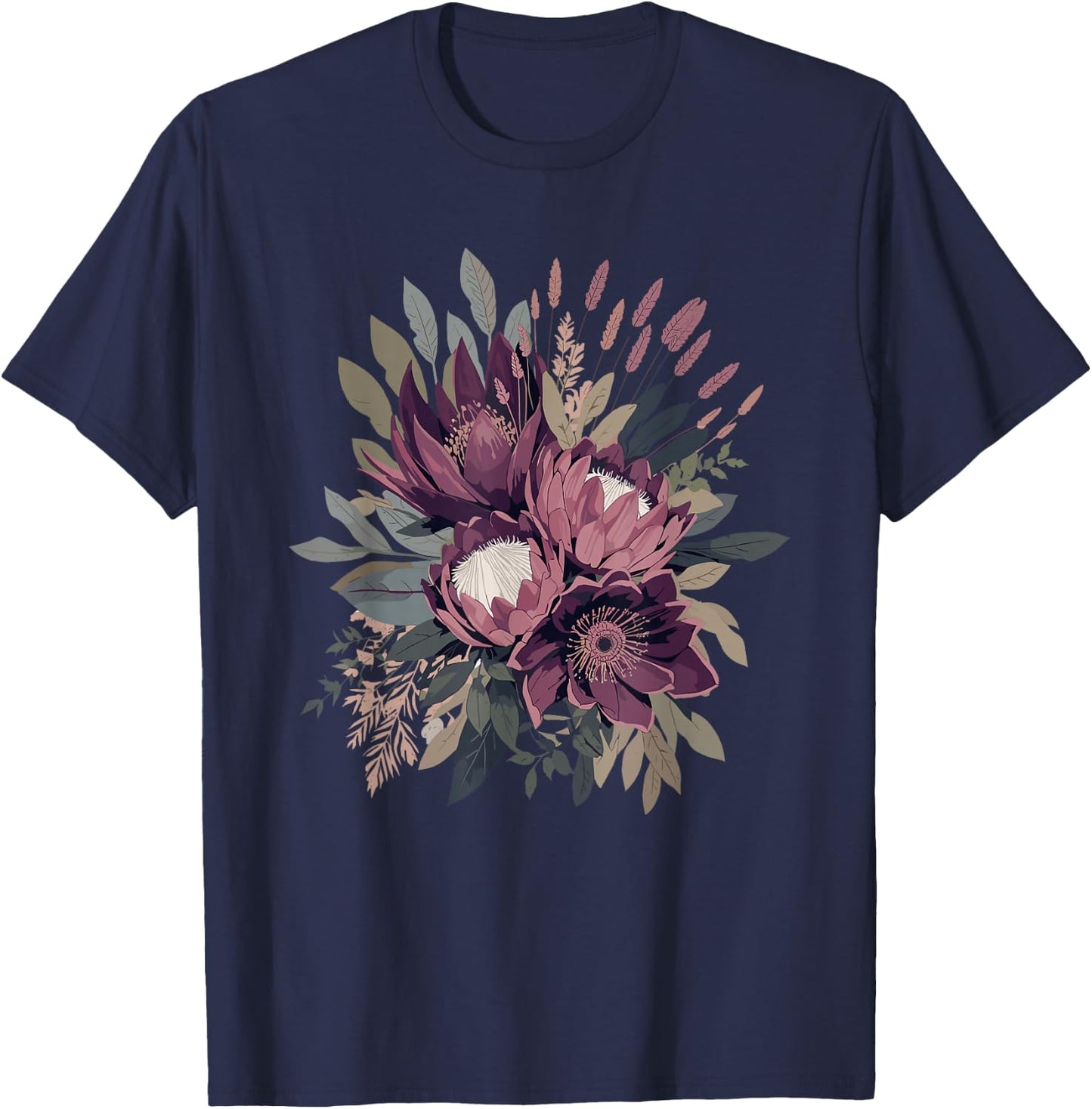 Protea Flower Bouquet Vintage Botanical Aesthetic T-Shirt - T-Shirt | Navy