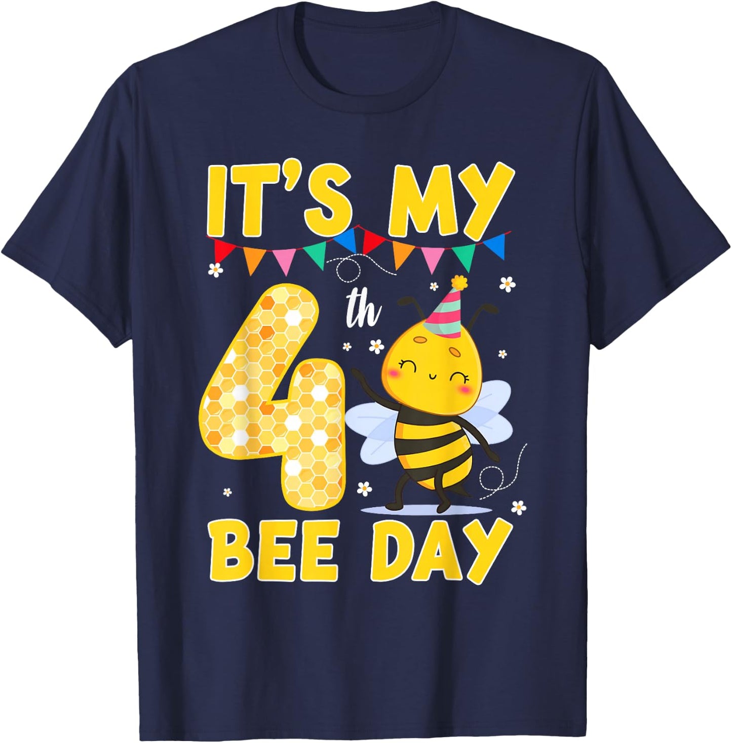 It's My 4th Birthday Bee Day 4 Year Old Bee Theme Party T-Shirt - T-Shirt | Navy