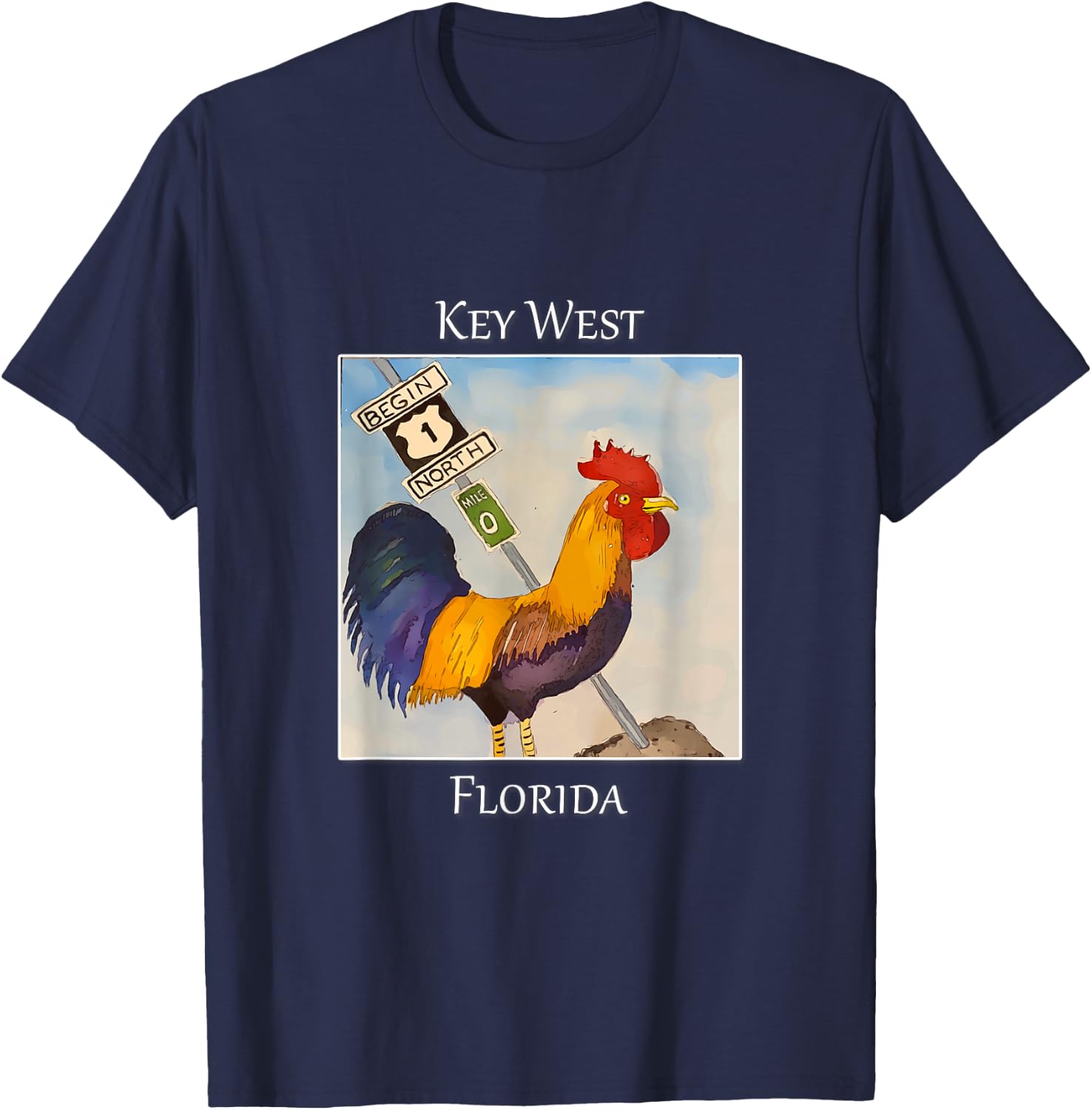 Rooster and Mile Marker 0 Famous in Key West, Florida T-Shirt - T-Shirt | Navy