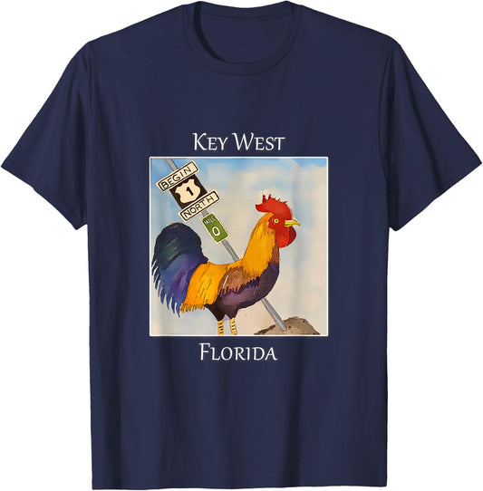 Rooster and Mile Marker 0 Famous in Key West, Florida T-Shirt - T-Shirt | Navy