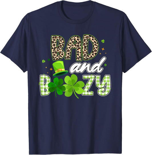 Bad and Boozy Leopard Green Plaid Shamrocks St Patricks Day T-Shirt - T-Shirt | Navy