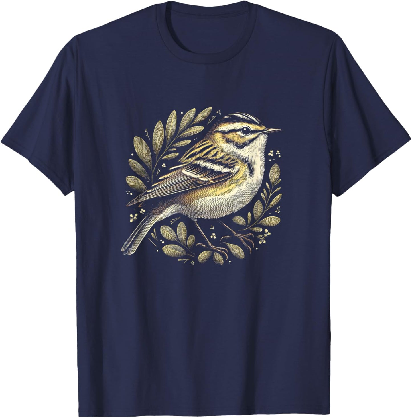 Warbler Graphic Bird Floral Art Design T-Shirt - T-Shirt | Navy