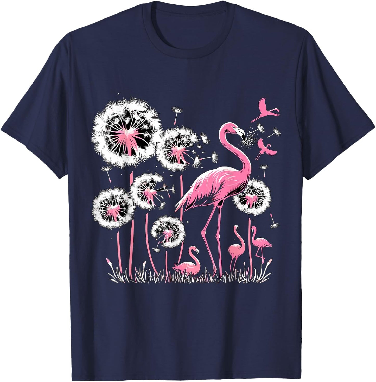 Flamingo and Dandelion Flower , Small, Black T-Shirt - T-Shirt | Navy