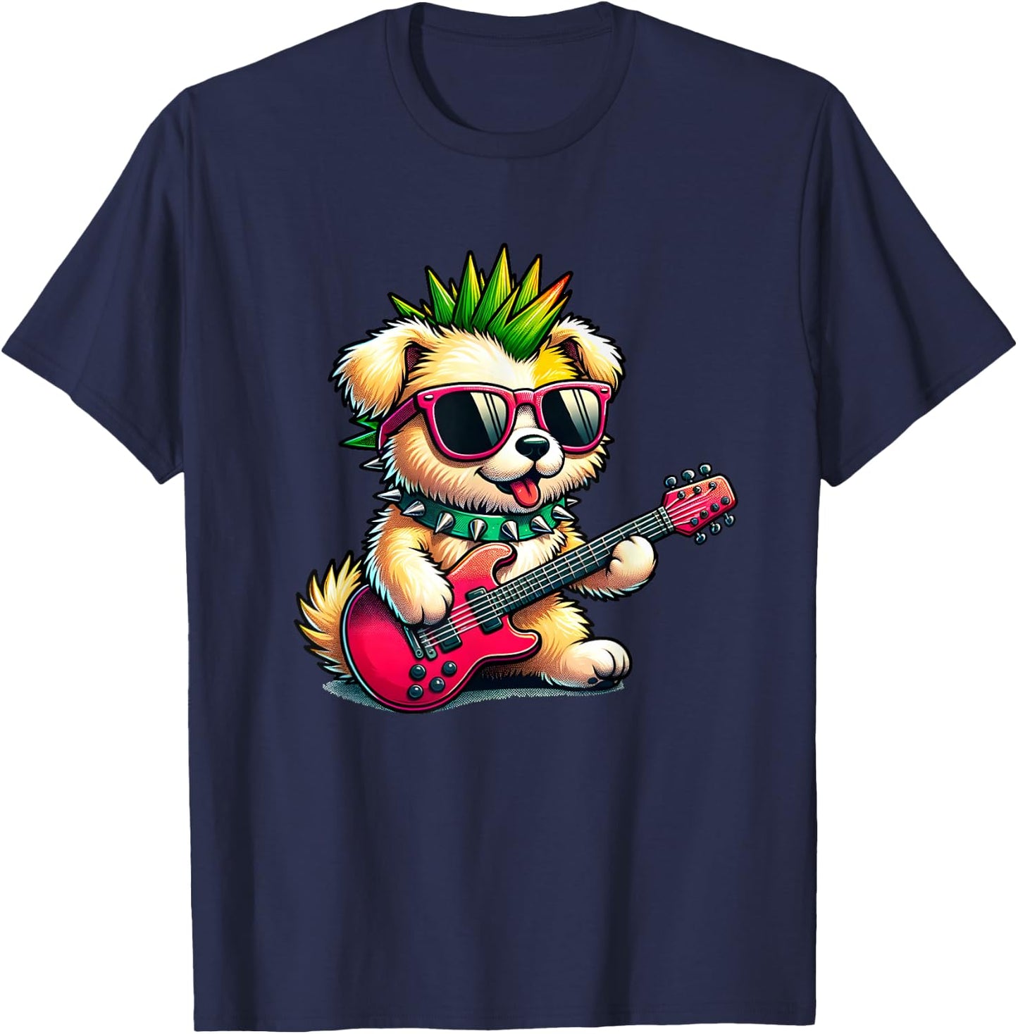 Cute Punk Puppy, Rock'n Roll Goth Dog, Guitar Band Funny T-Shirt - T-Shirt | Navy